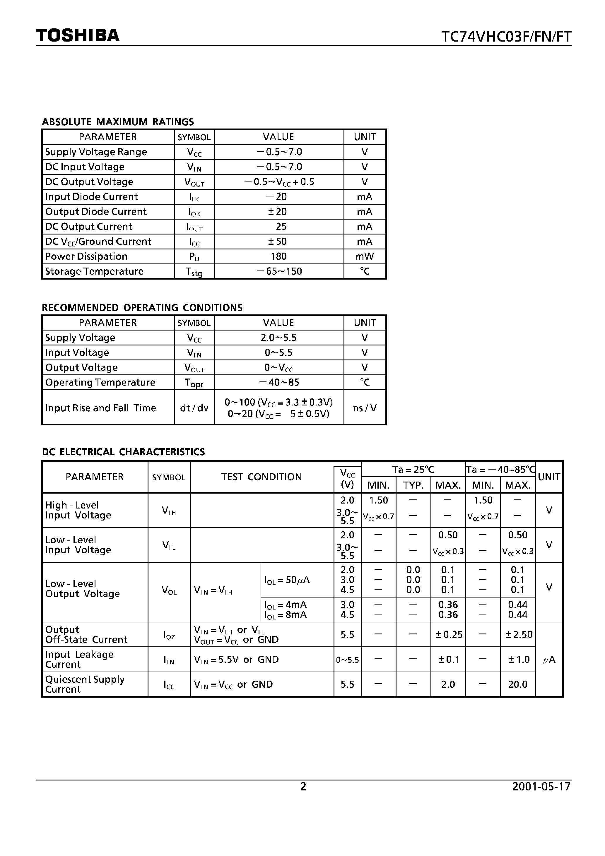 Datasheet TC74VHC03F - QUAD 2 -INPUT NAND GATE page 2