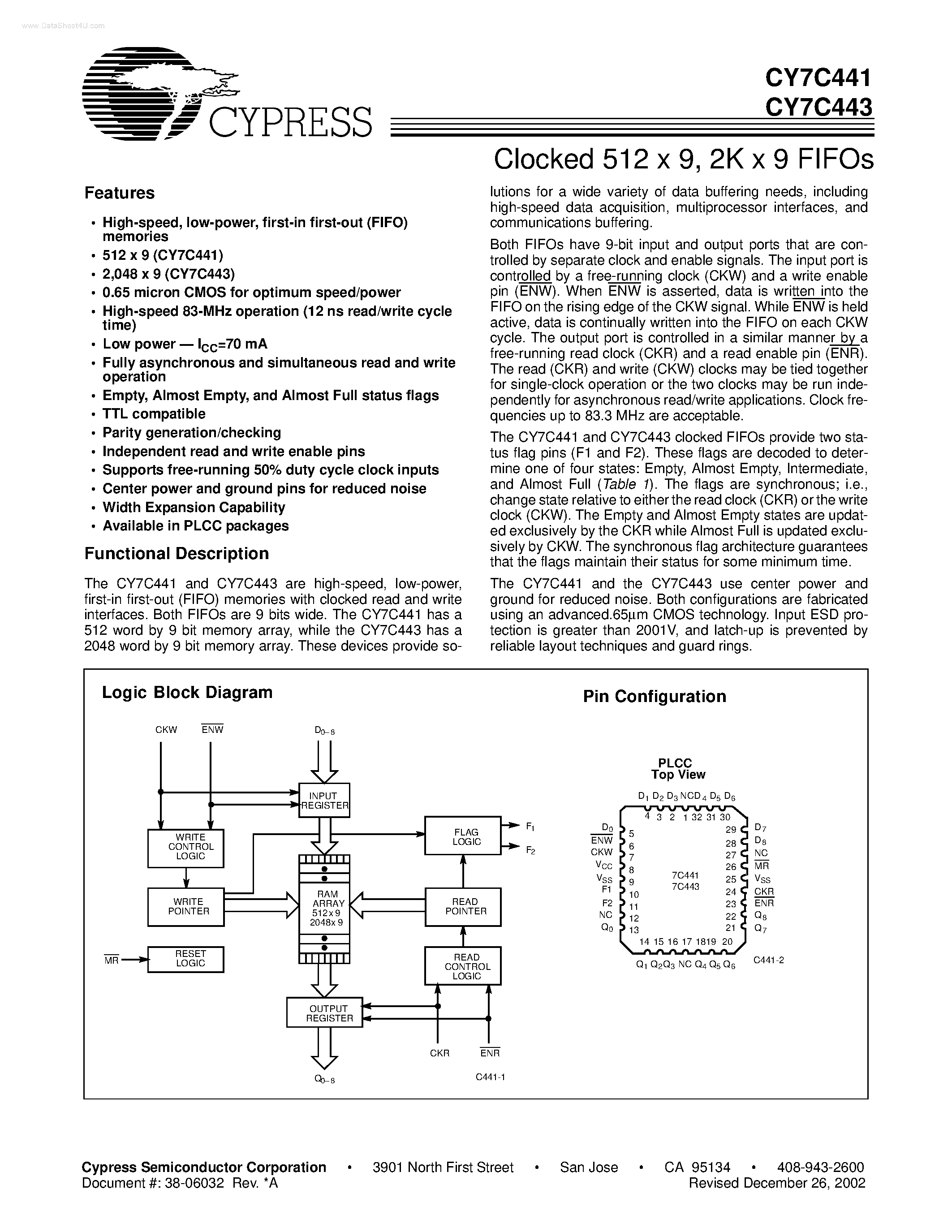 Даташит CY7C443 - (CY7C441 / CY7C443) Clocked 512 x 9 / 2K x 9 FIFOs страница 1