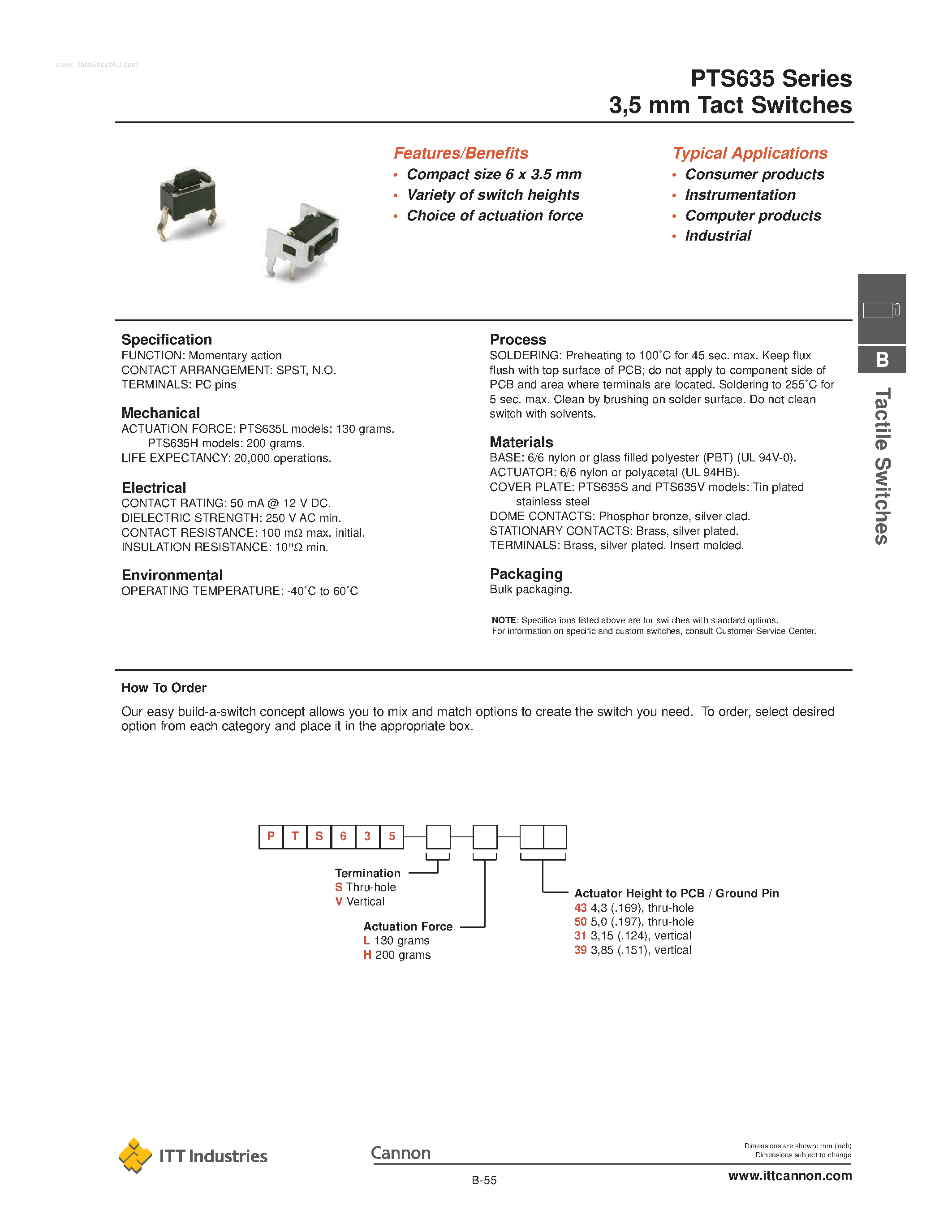 Datasheet PTS635 - 3.5 mm Tact Switches page 1