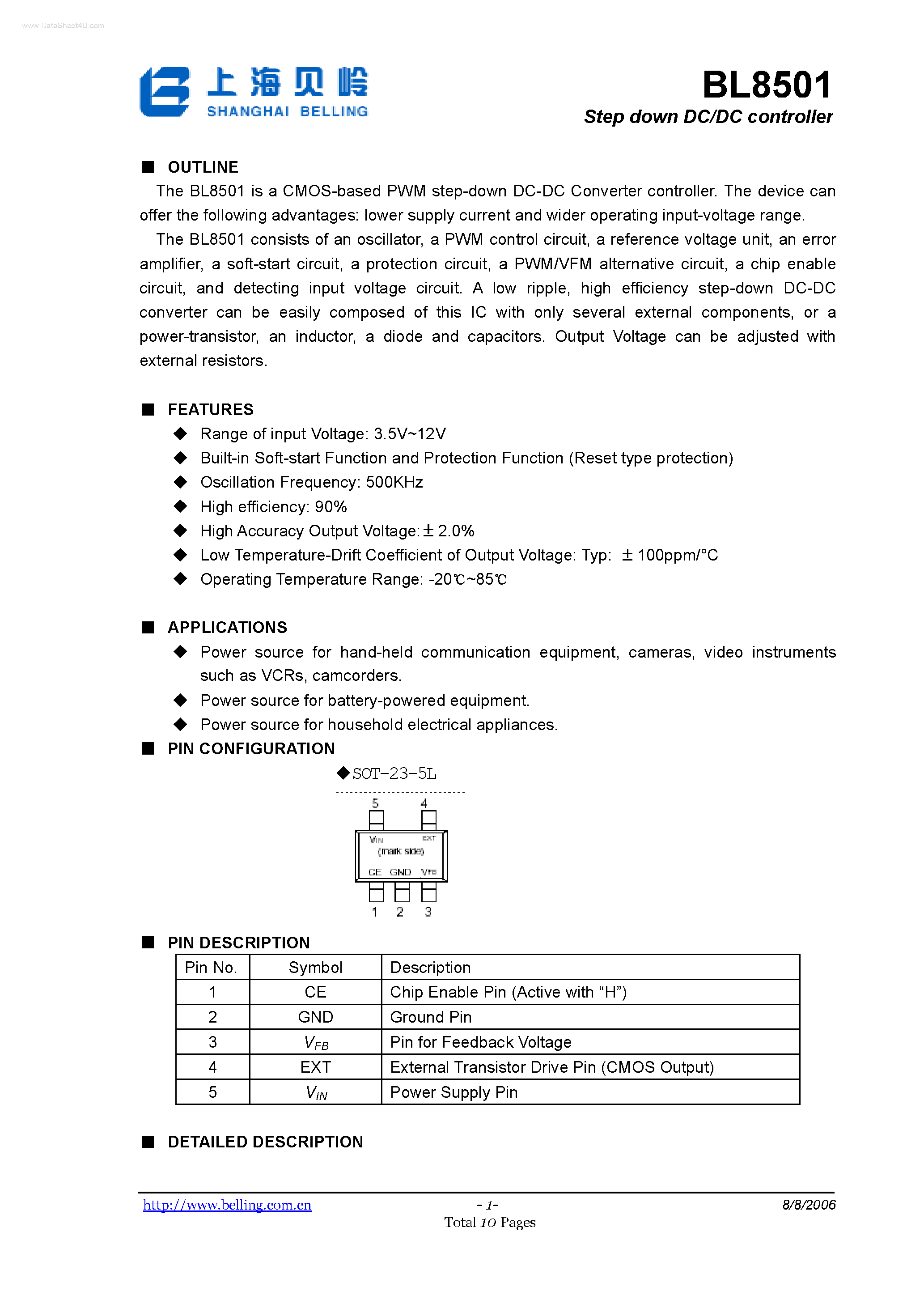 Даташит на микросхему BL8501 страница 1 Даташит BL8501 - Step down DC/DC controller страница 1