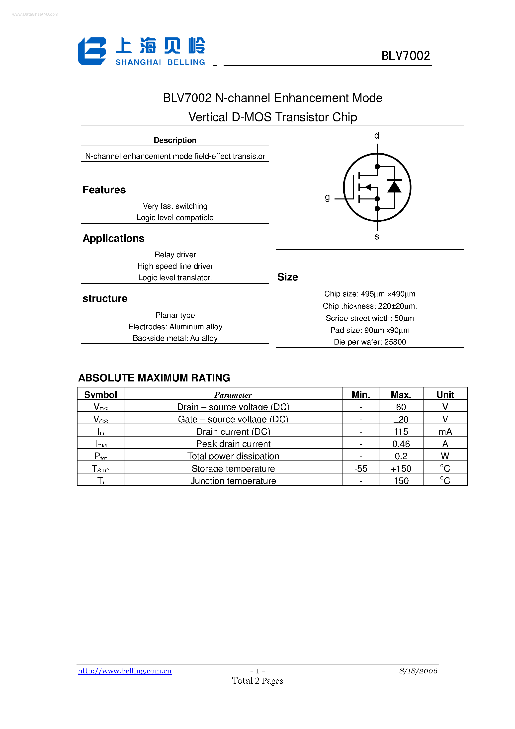 Даташит на микросхему BLV7002 страница 1 Даташит BLV7002 - N-channel Enhancement Mode Vetical D-MOS Transistor страница 1