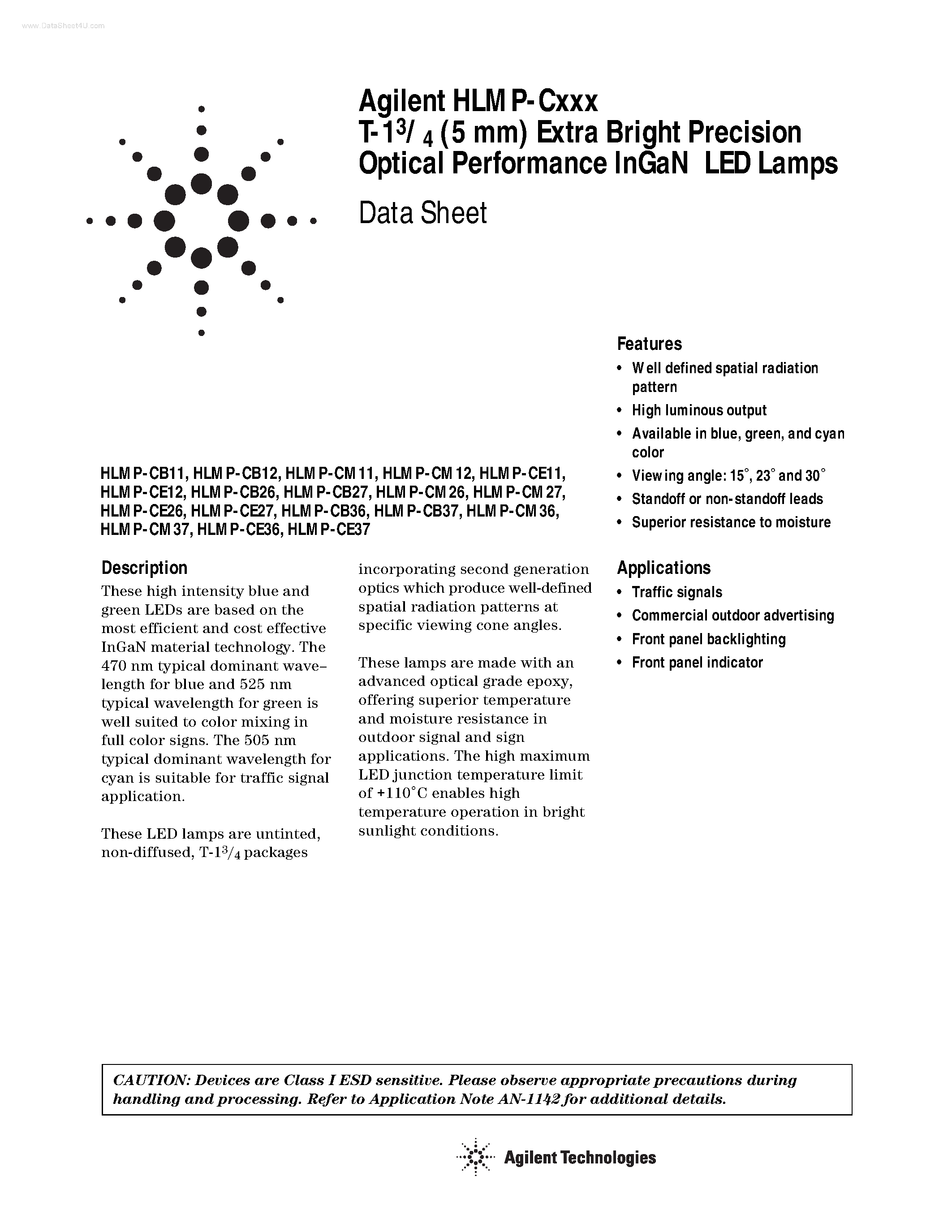 Datasheet HLMP-CB11 - Extra Bright Precision Optical Performance InGaN LED Lamps page 1