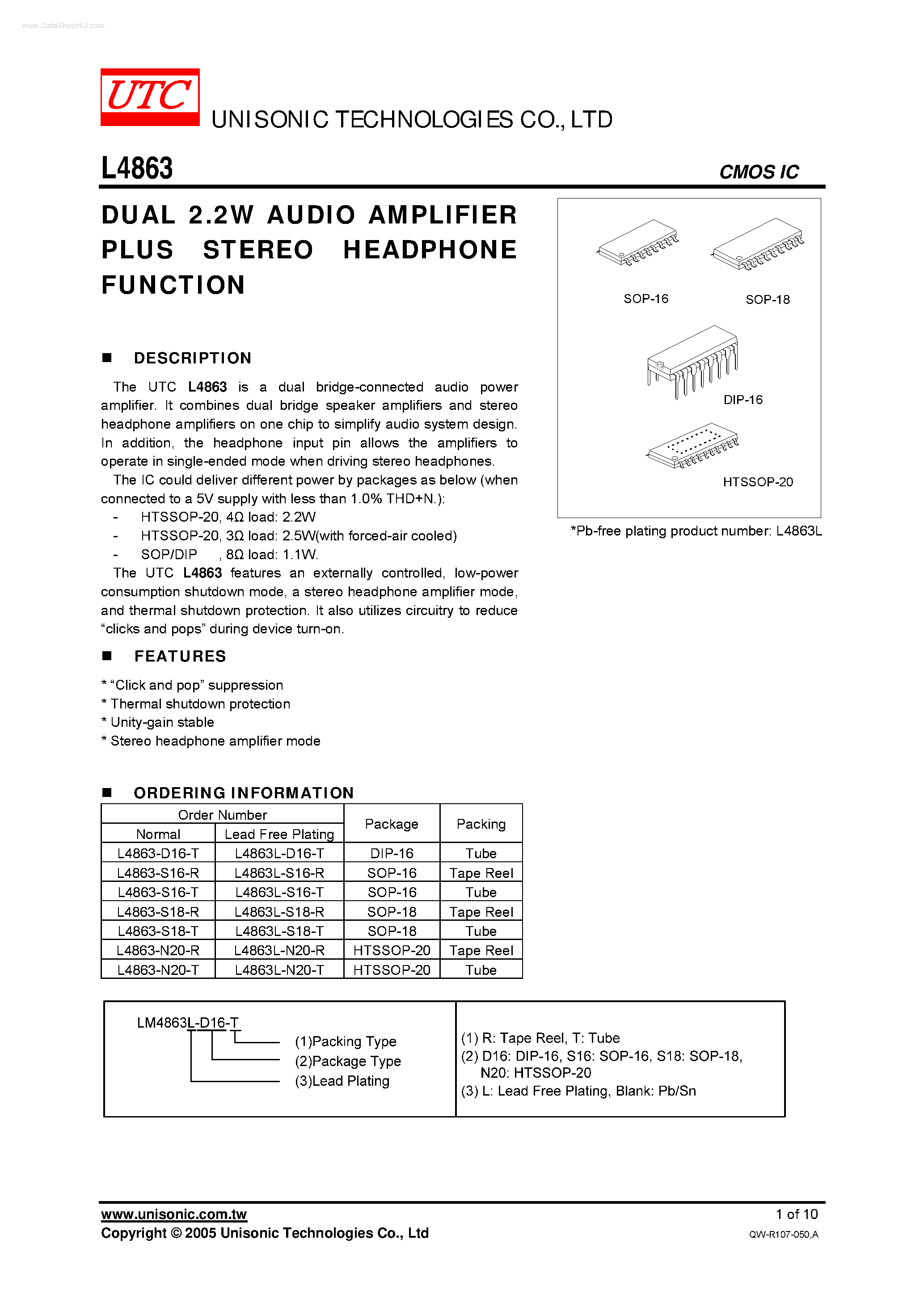 Даташит L4863 - DUAL 2.2W AUDIO AMPLIFIER PLUS STEREO HEADPHONE FUNCTION страница 1