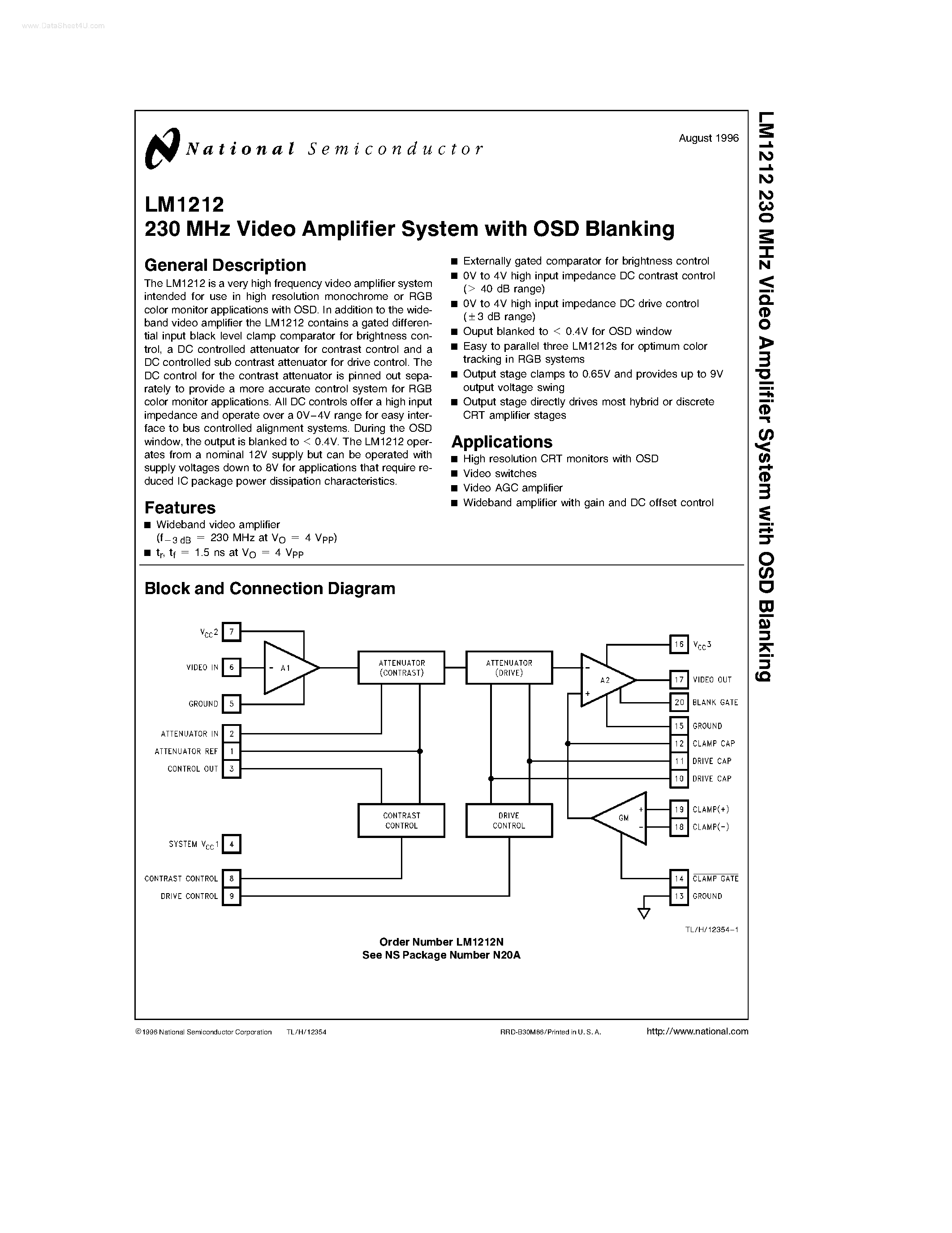 Datasheet LM1212 - Video Amplifier System page 1
