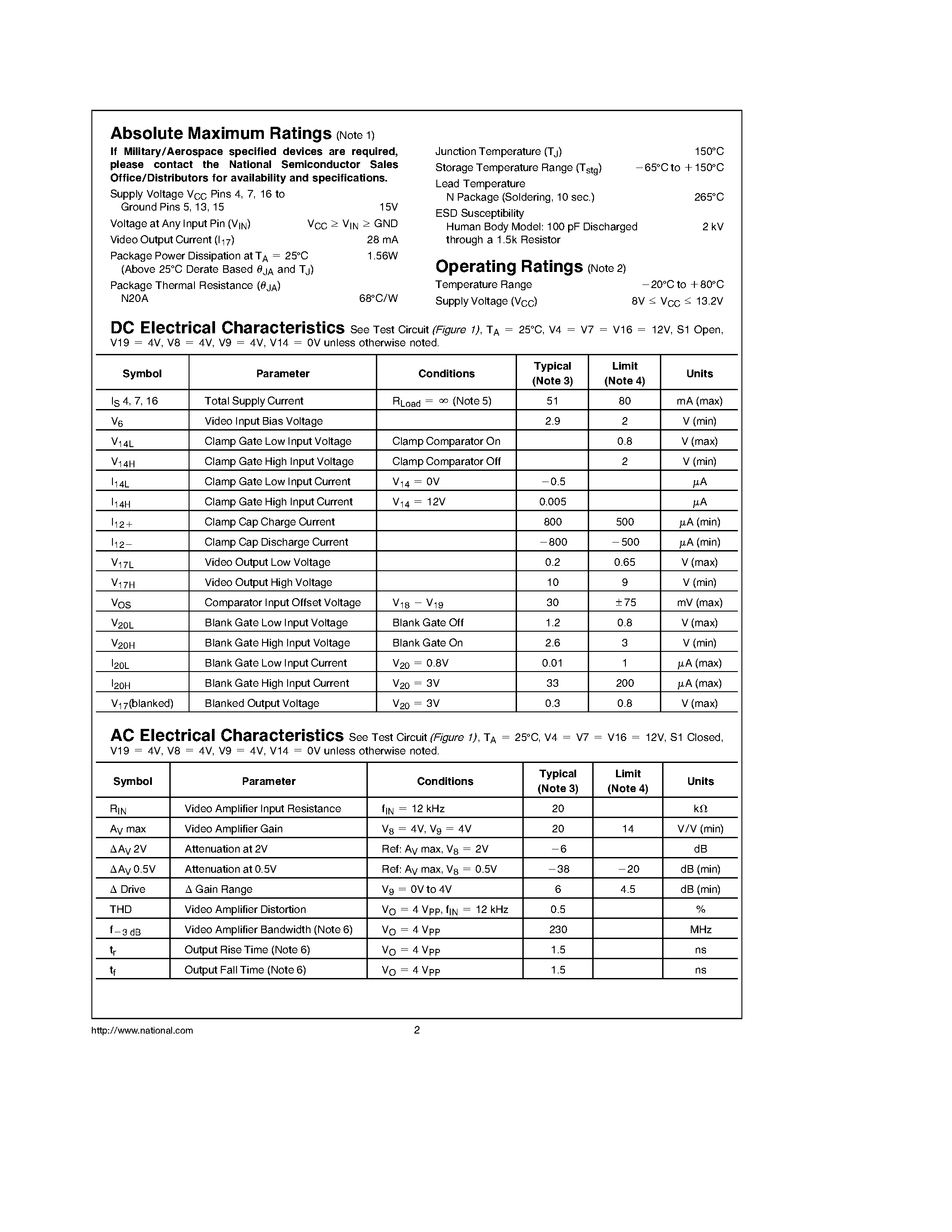 Datasheet LM1212 - Video Amplifier System page 2