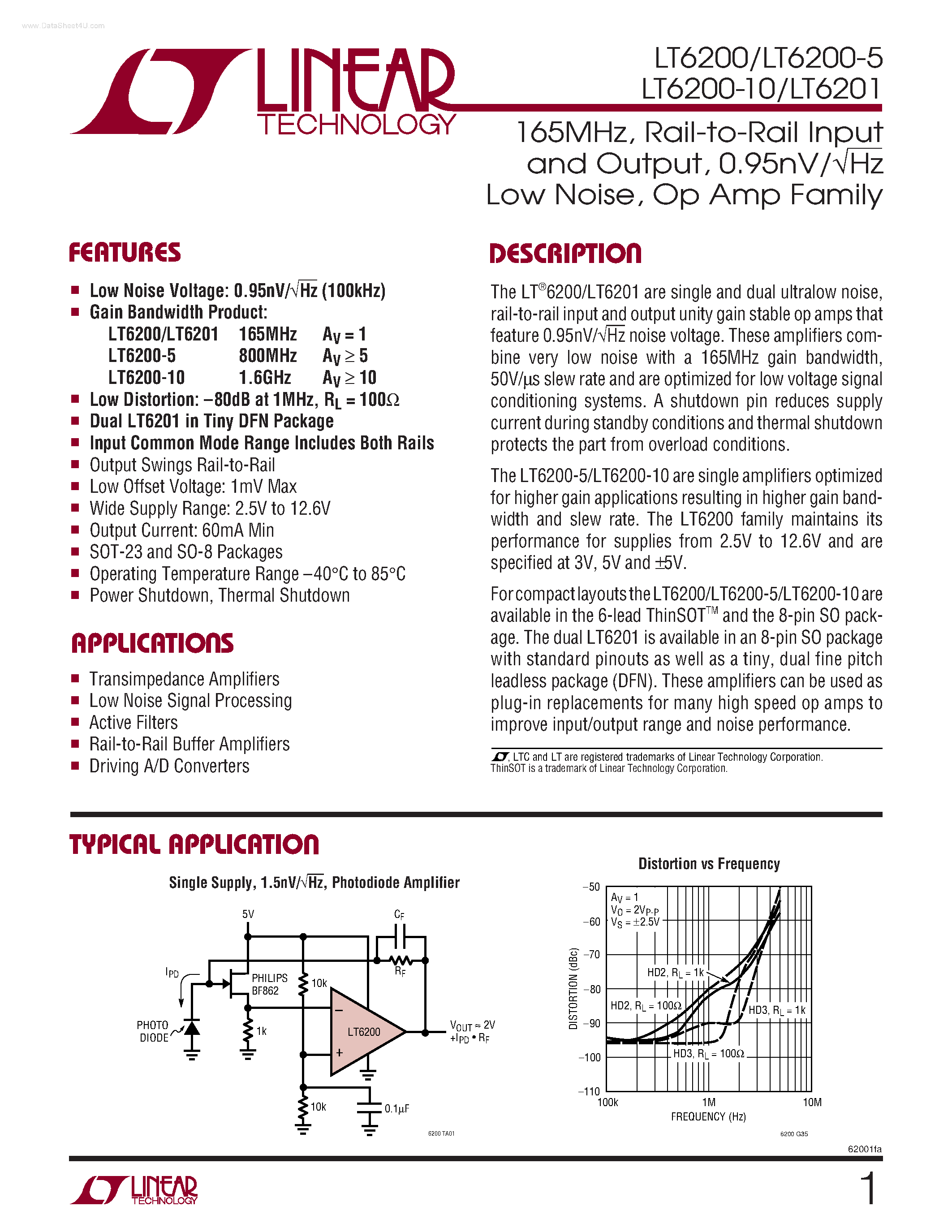 Datasheet LT6200 - (LT6200 / LT6201) Op Amp Family page 1