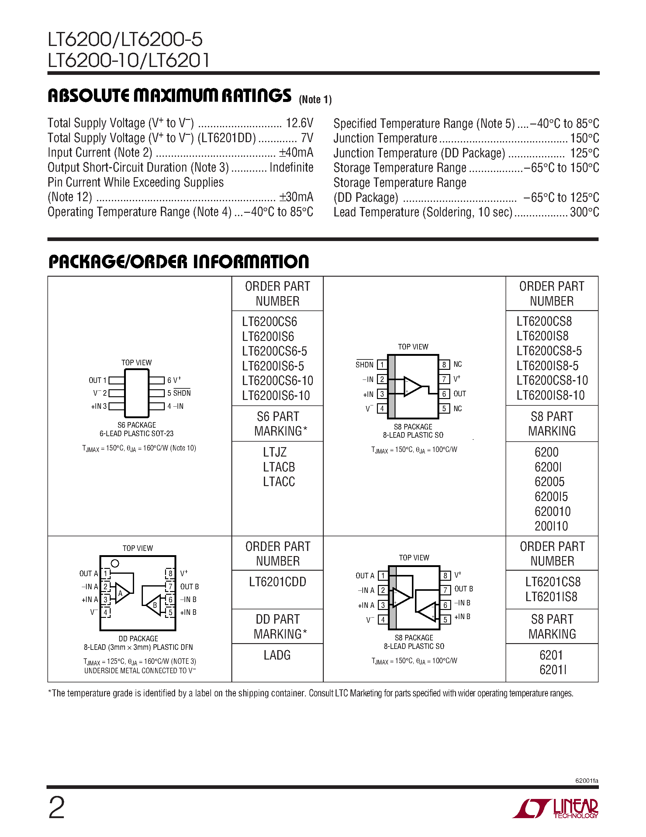 Datasheet LT6200 - (LT6200 / LT6201) Op Amp Family page 2