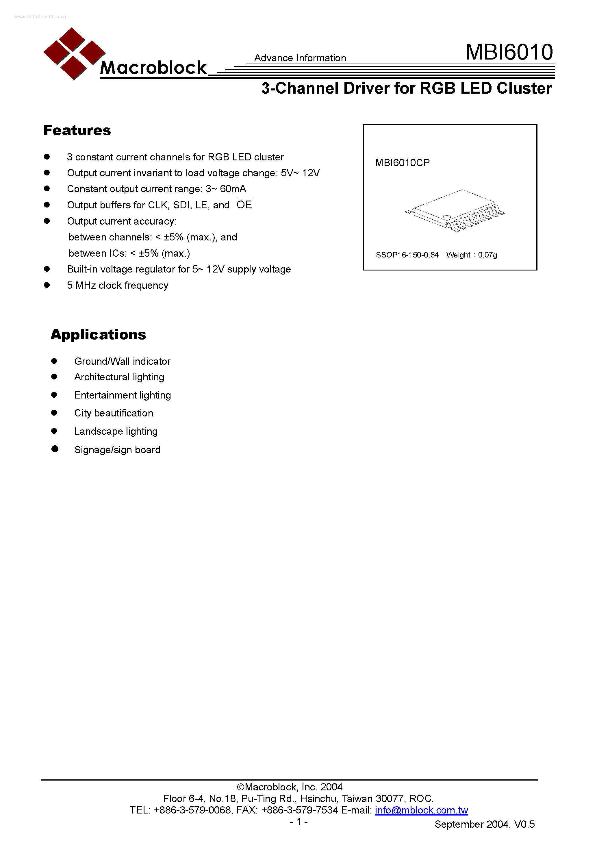 Datasheet MBI6010 - 3-Channel Driver page 1