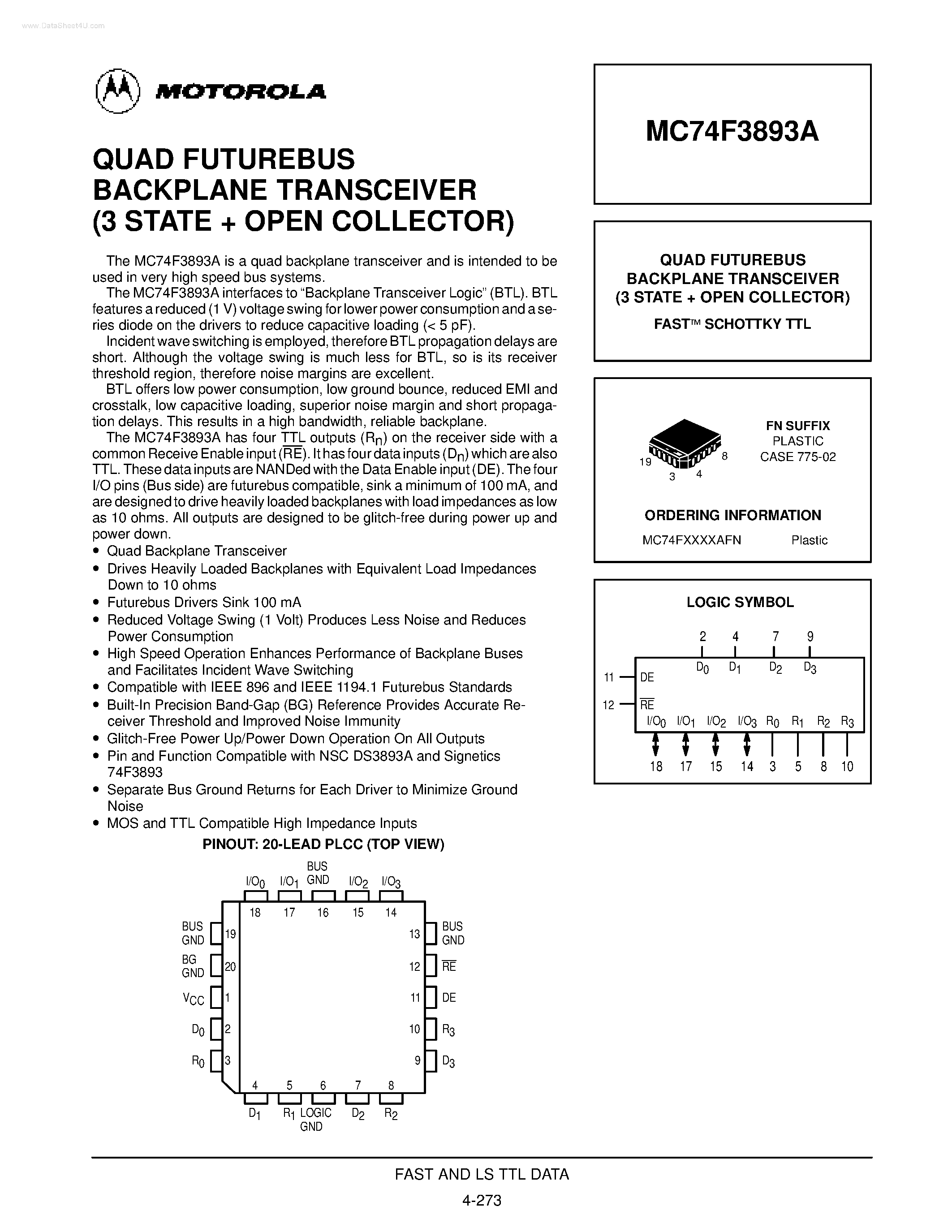 Даташит MC74F3893A - QUAD FUTUREBUS BACKPLANE TRANSCEIVER страница 1