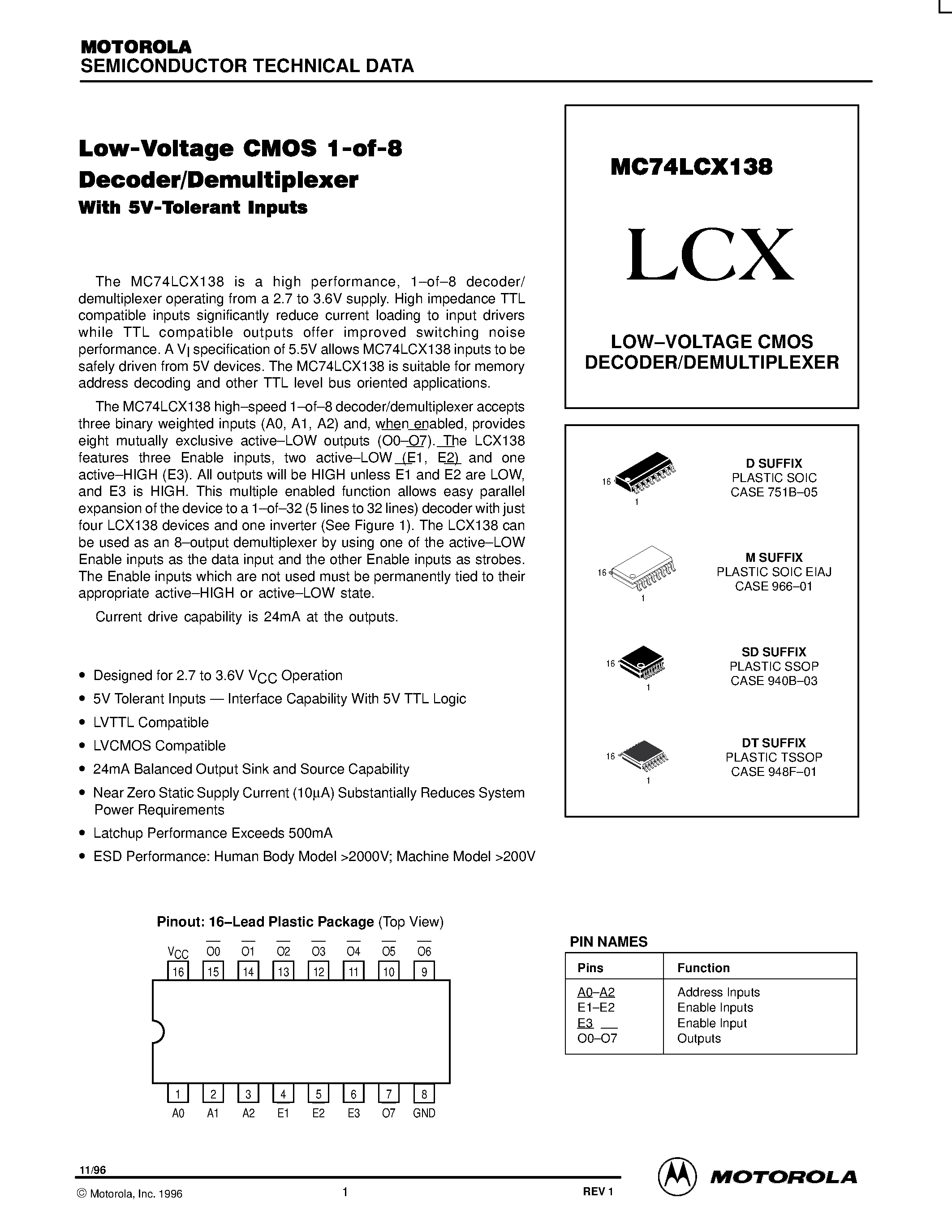 Даташит MC74LCX138 - Low-Voltage CMOS 1-of-8 Decoder/Demultiplexer страница 1