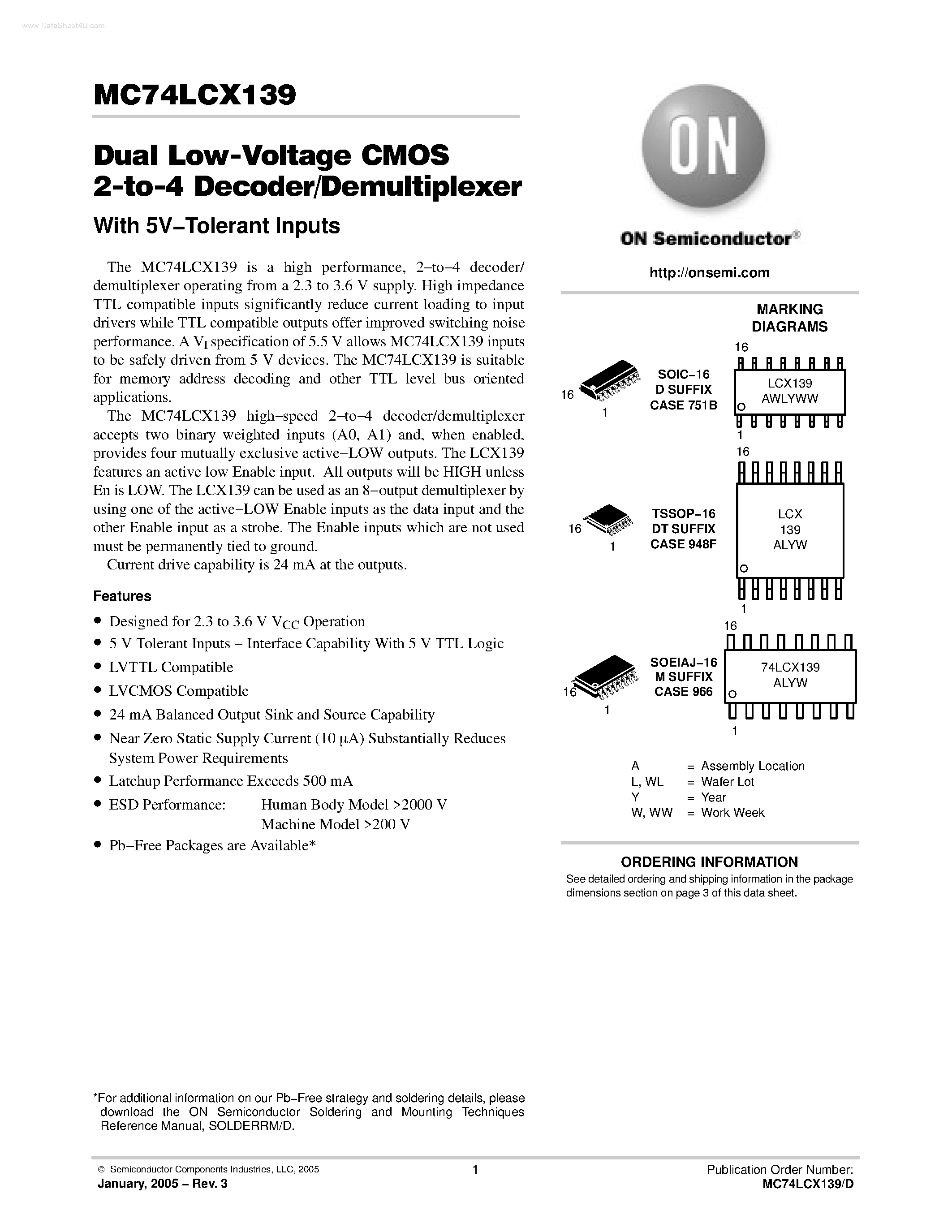 Datasheet MC74LCX139 - Dual Low Voltage CMOS 2-to-4 Decoder/Demultiplexer page 1
