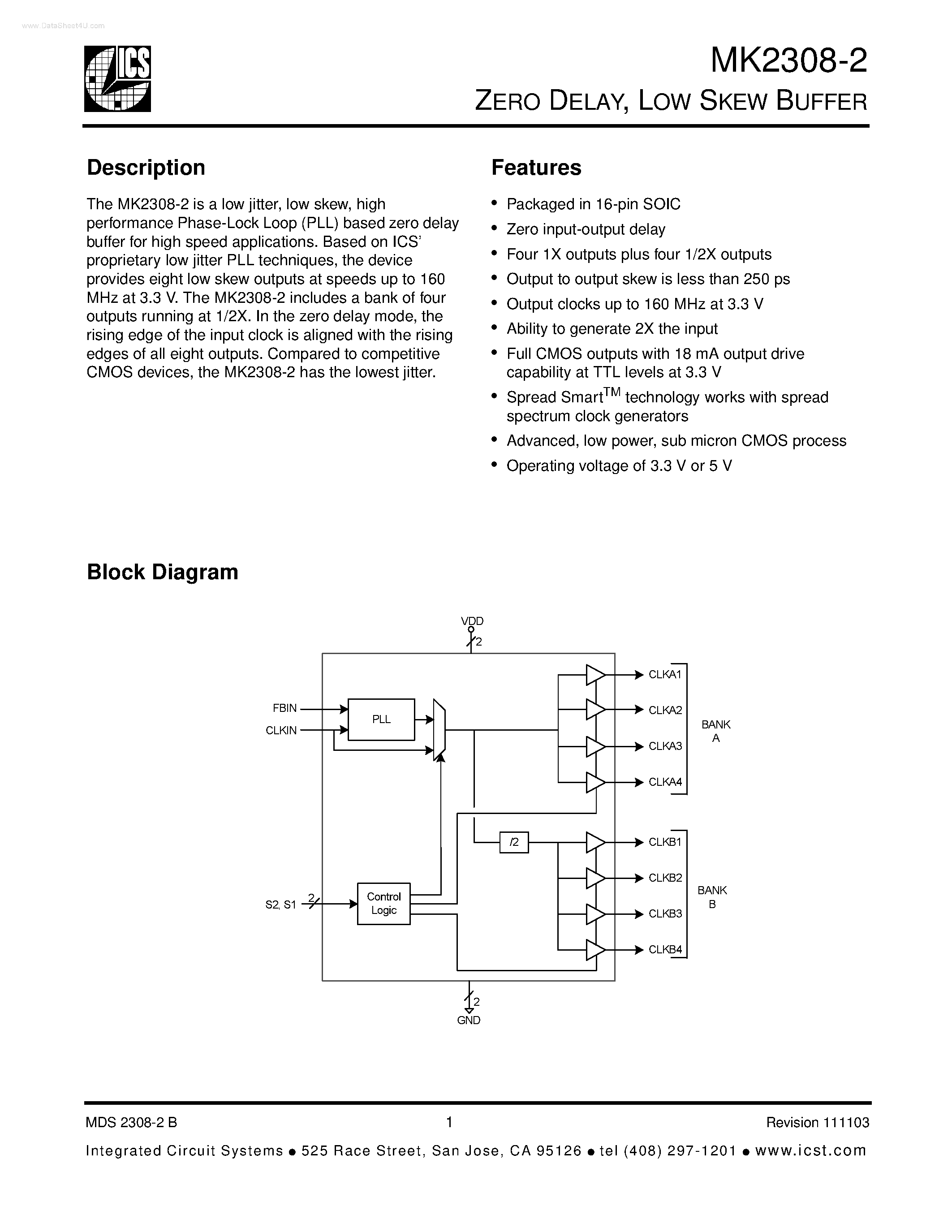 Datasheet MK2308-2 - ZERO DELAY LOW SKEW BUFFER page 1