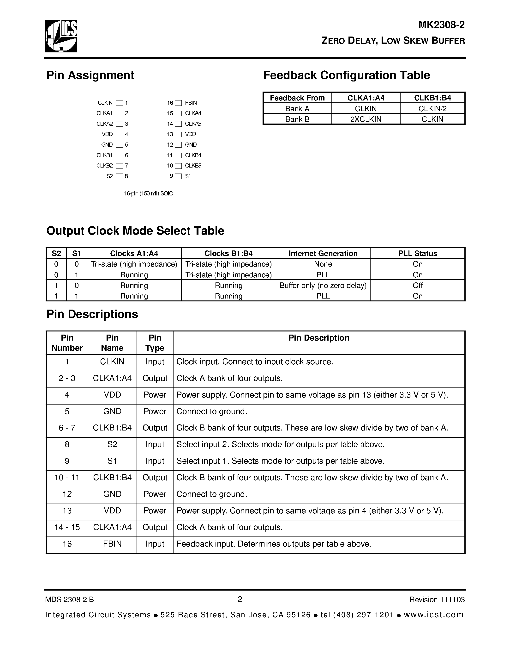 Datasheet MK2308-2 - ZERO DELAY LOW SKEW BUFFER page 2