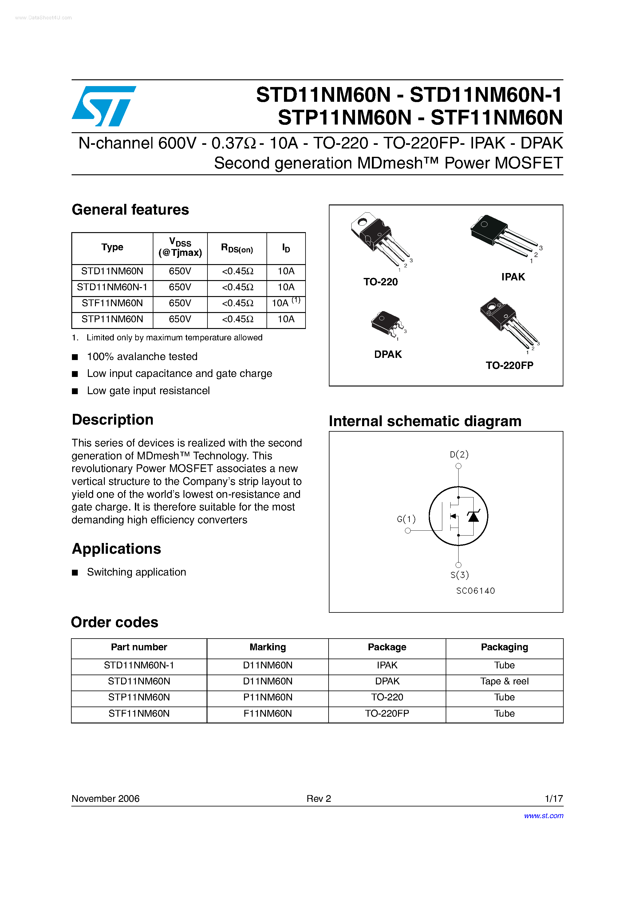 Даташит STD11NM60N - N-channel Second generation MDmesh Power MOSFET страница 1