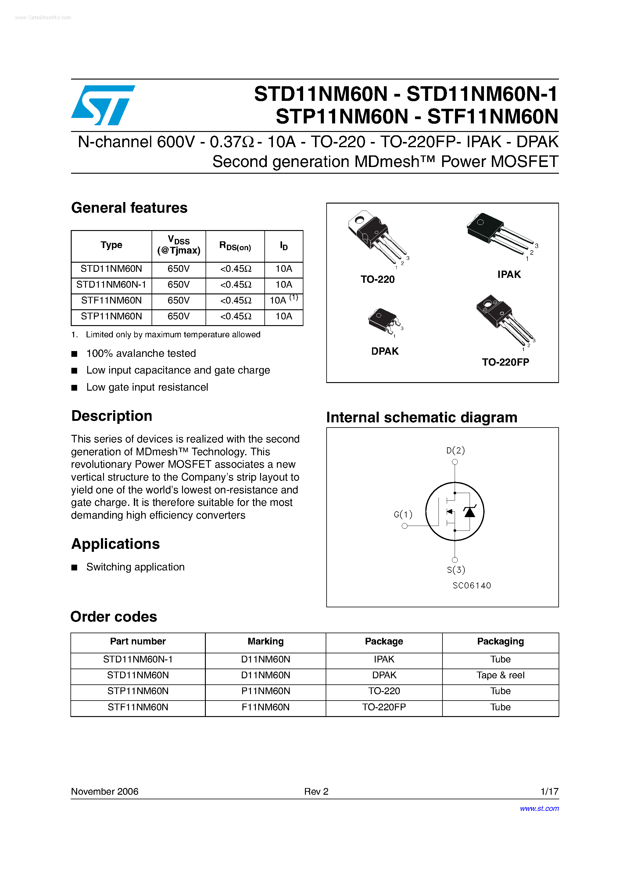 Datasheet STF11NM60N - N-channel Second generation MDmesh Power MOSFET page 1