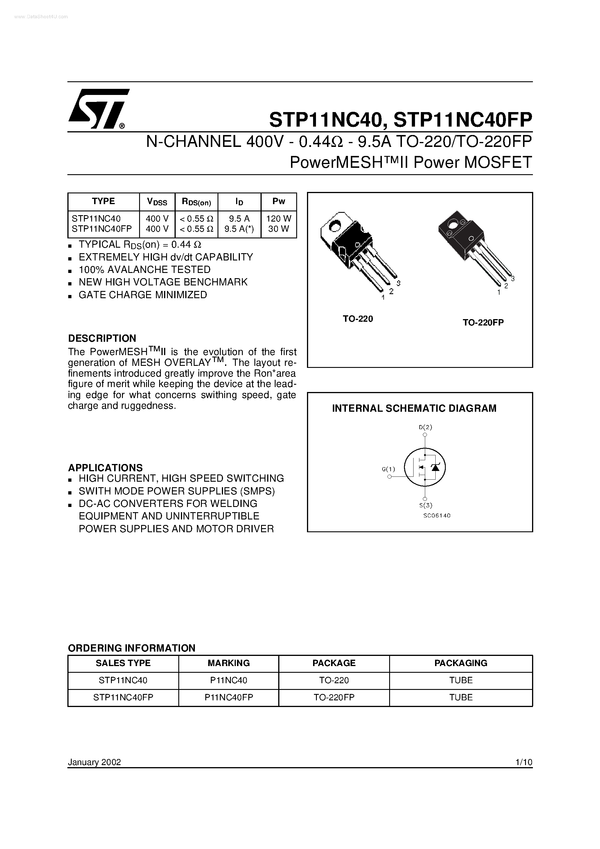 Даташит на микросхему STP11NC40 страница 1 Даташит STP11NC40 - N-CHANNEL Power MOSFET страница 1