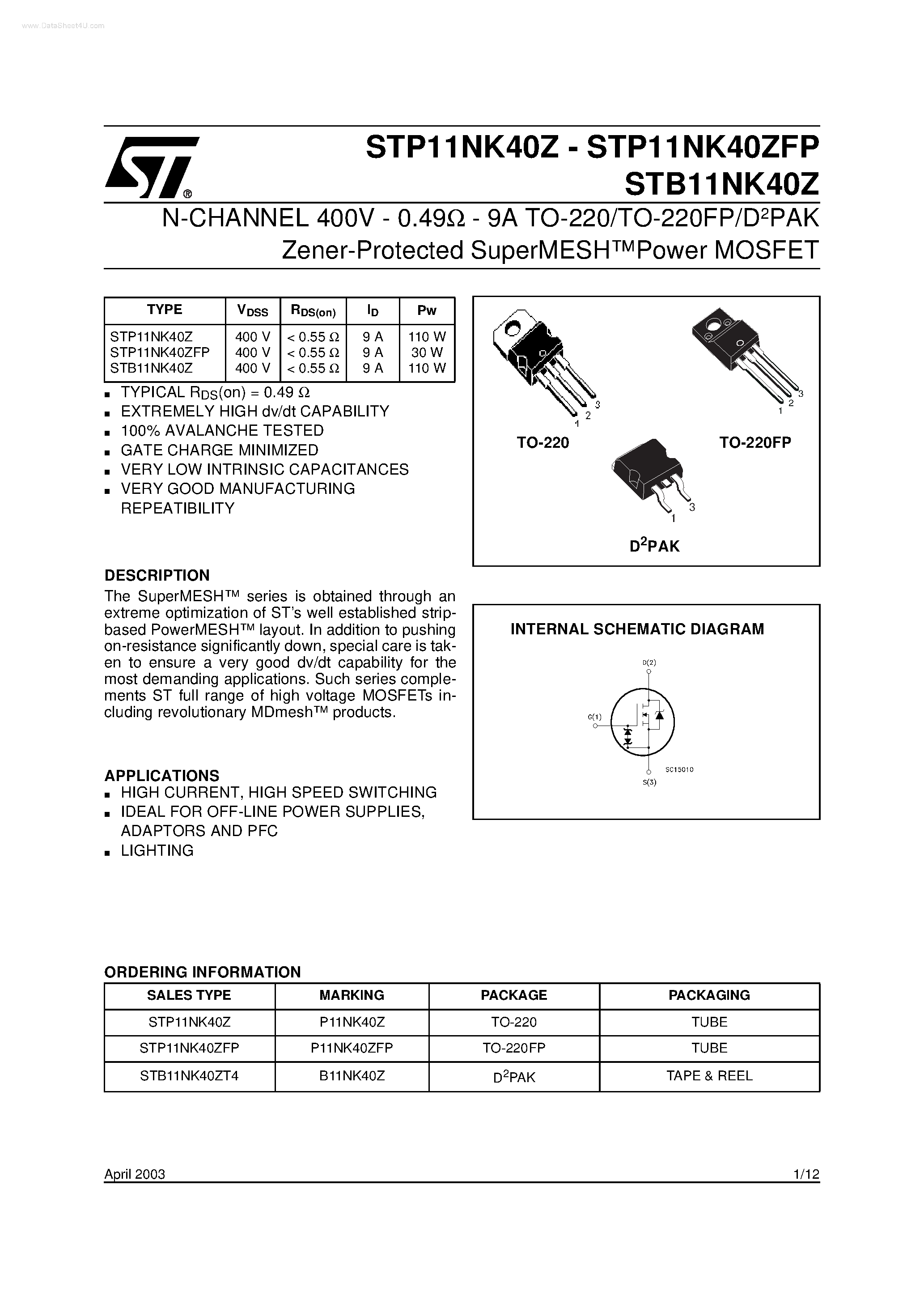 Даташит STP11NK40Z - N-CHANNEL Power MOSFET страница 1