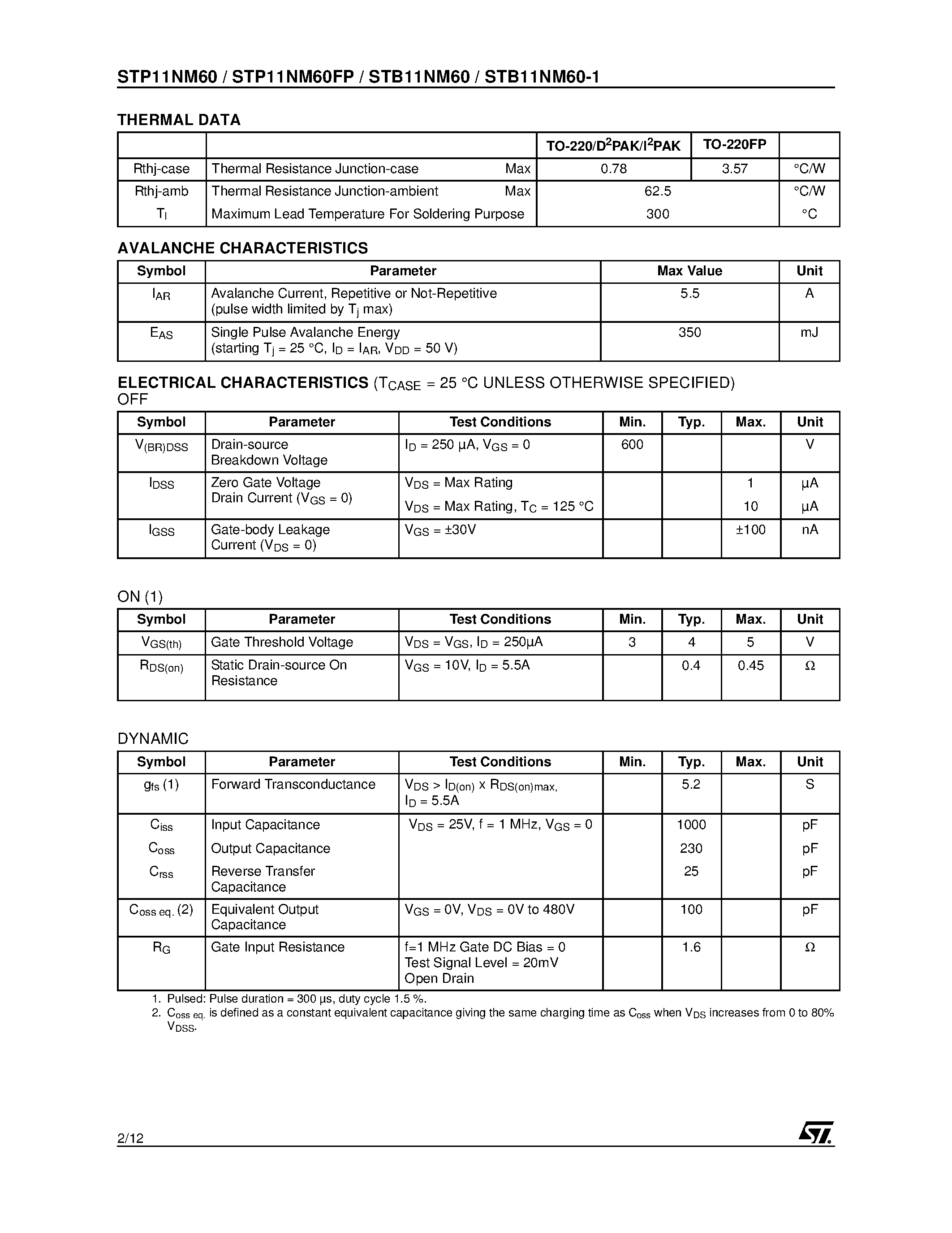 Datasheet STP11NM60 - N-CHANNEL Power MOSFET page 2