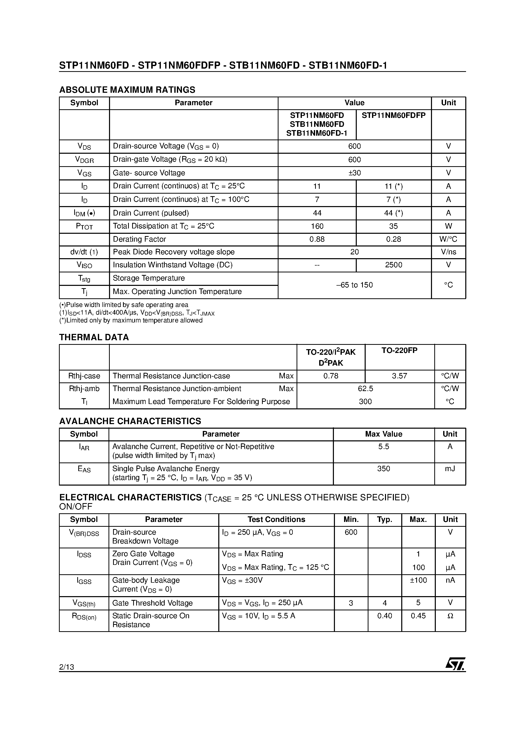 Datasheet STP11NM60FD - N-CHANNEL Power MOSFET page 2