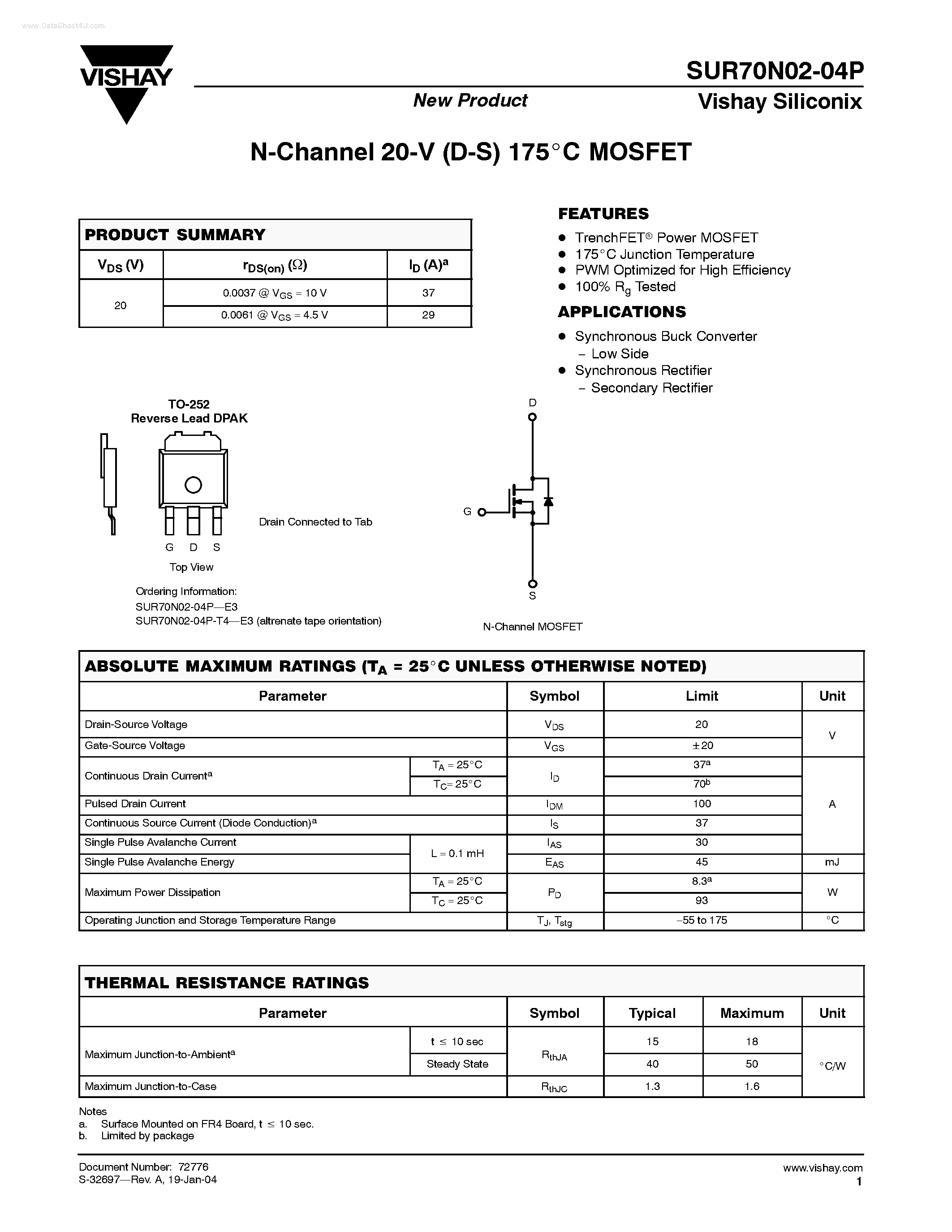 Datasheet SUR70N02-04P page 1 Datasheet SUR70N02-04P - N-Channel MOSFET page 1