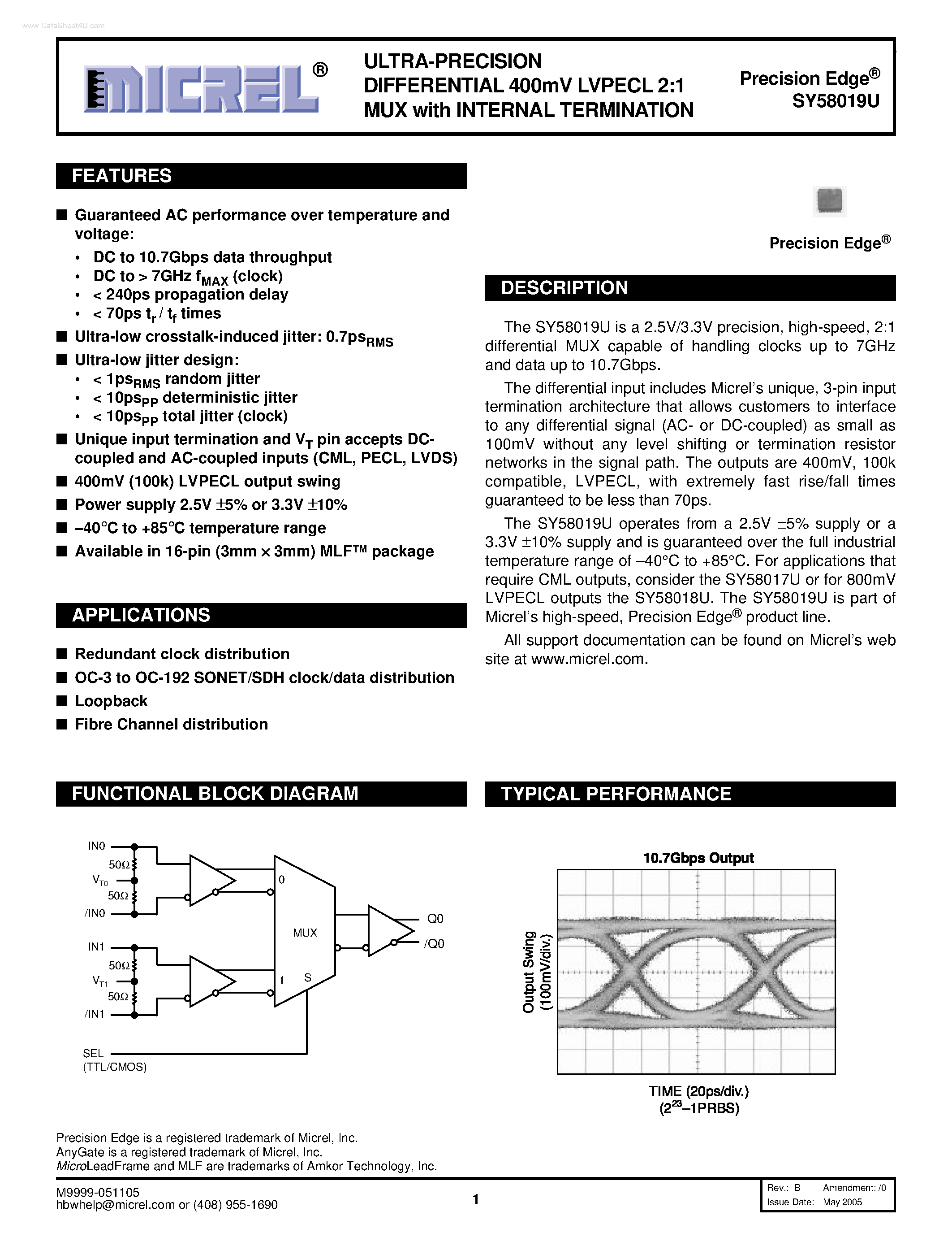 Datasheet SY58019U - ULTRA-PRECISION DIFFERENTIAL 400mV LVPECL 2:1 MUX page 1