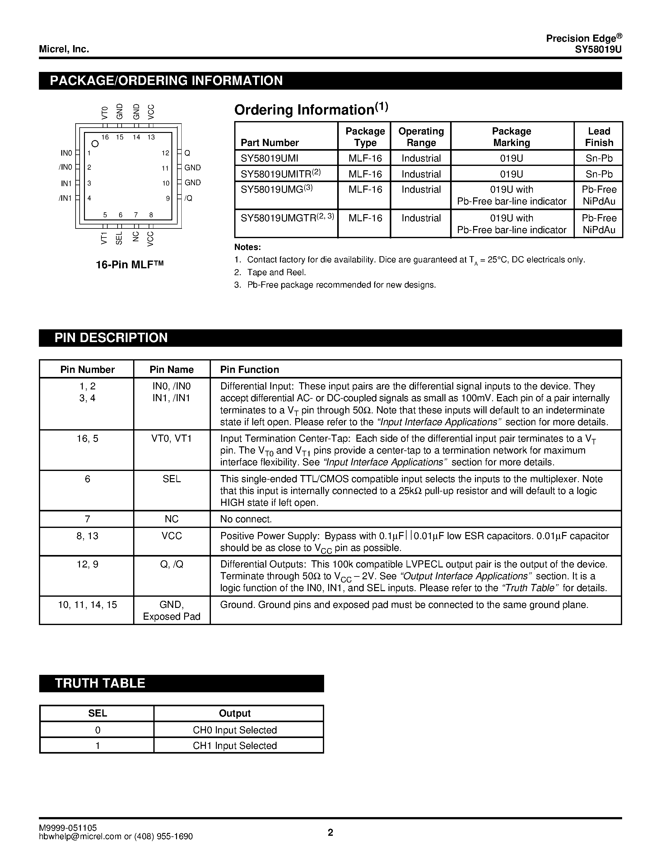 Datasheet SY58019U - ULTRA-PRECISION DIFFERENTIAL 400mV LVPECL 2:1 MUX page 2