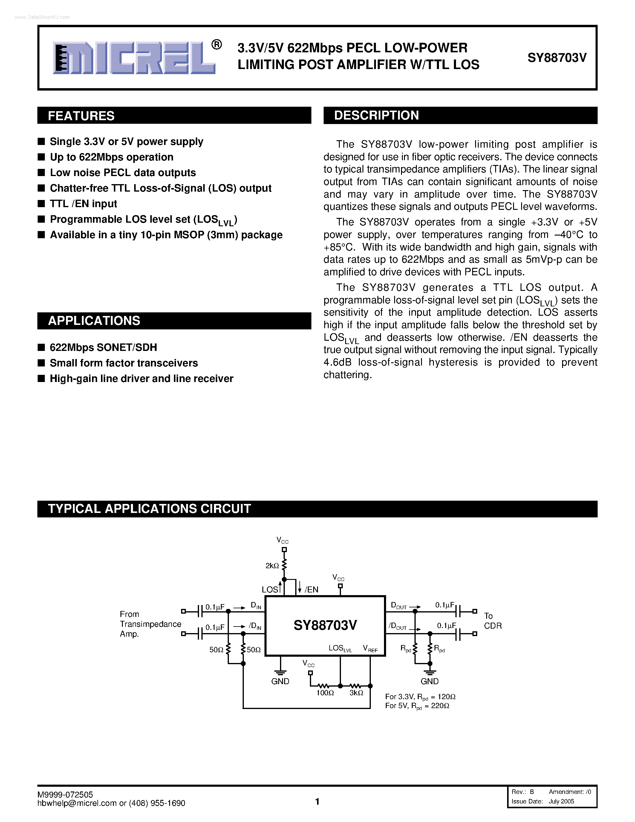 Даташит на микросхему SY88703V страница 1 Даташит SY88703V - PECL LOW-POWER LIMITING POST AMPLIFIER W/TTL LOS страница 1