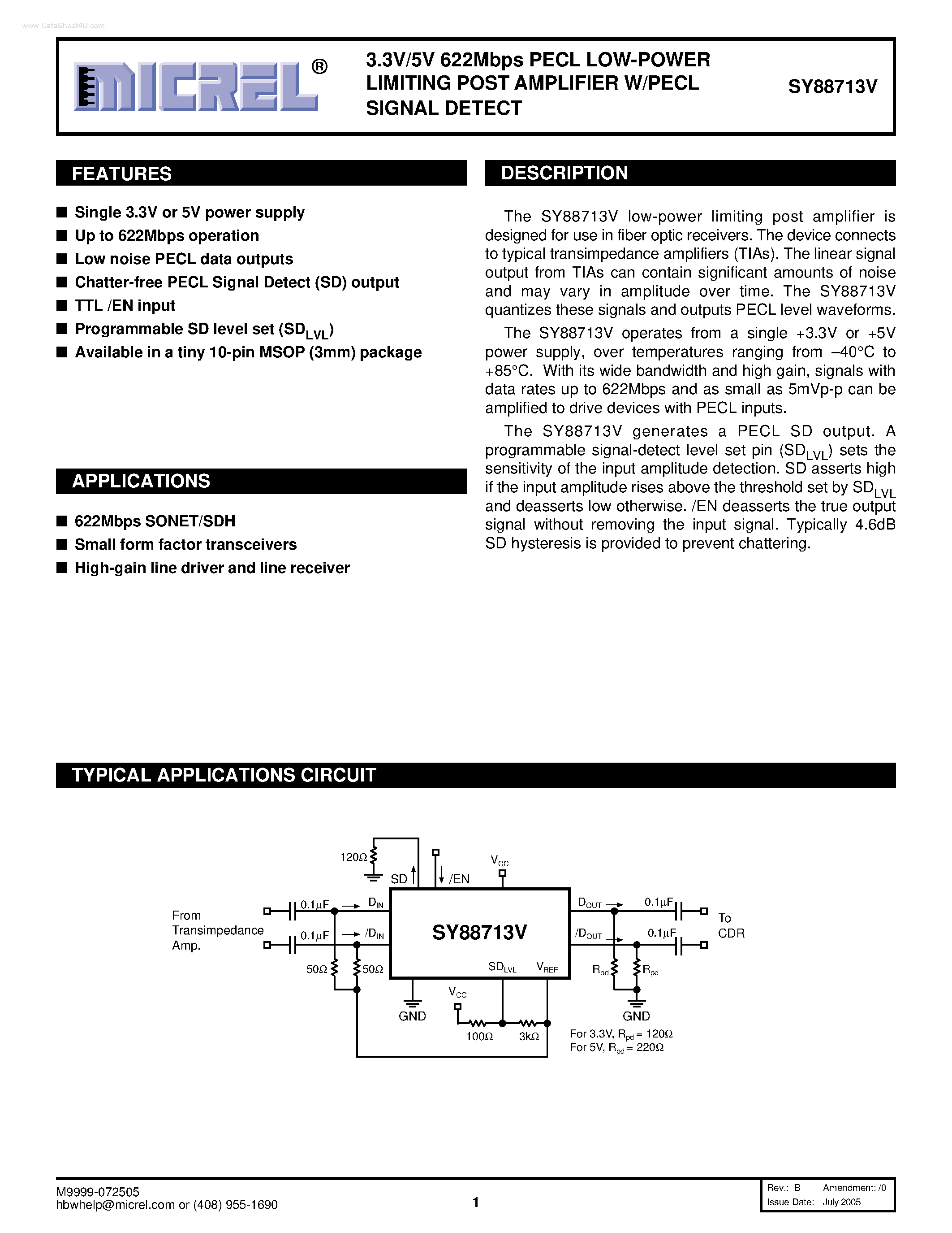 Даташит SY88713V - PECL LOW-POWER LIMITING POST AMPLIFIER W/PECL SIGNAL DETECT страница 1
