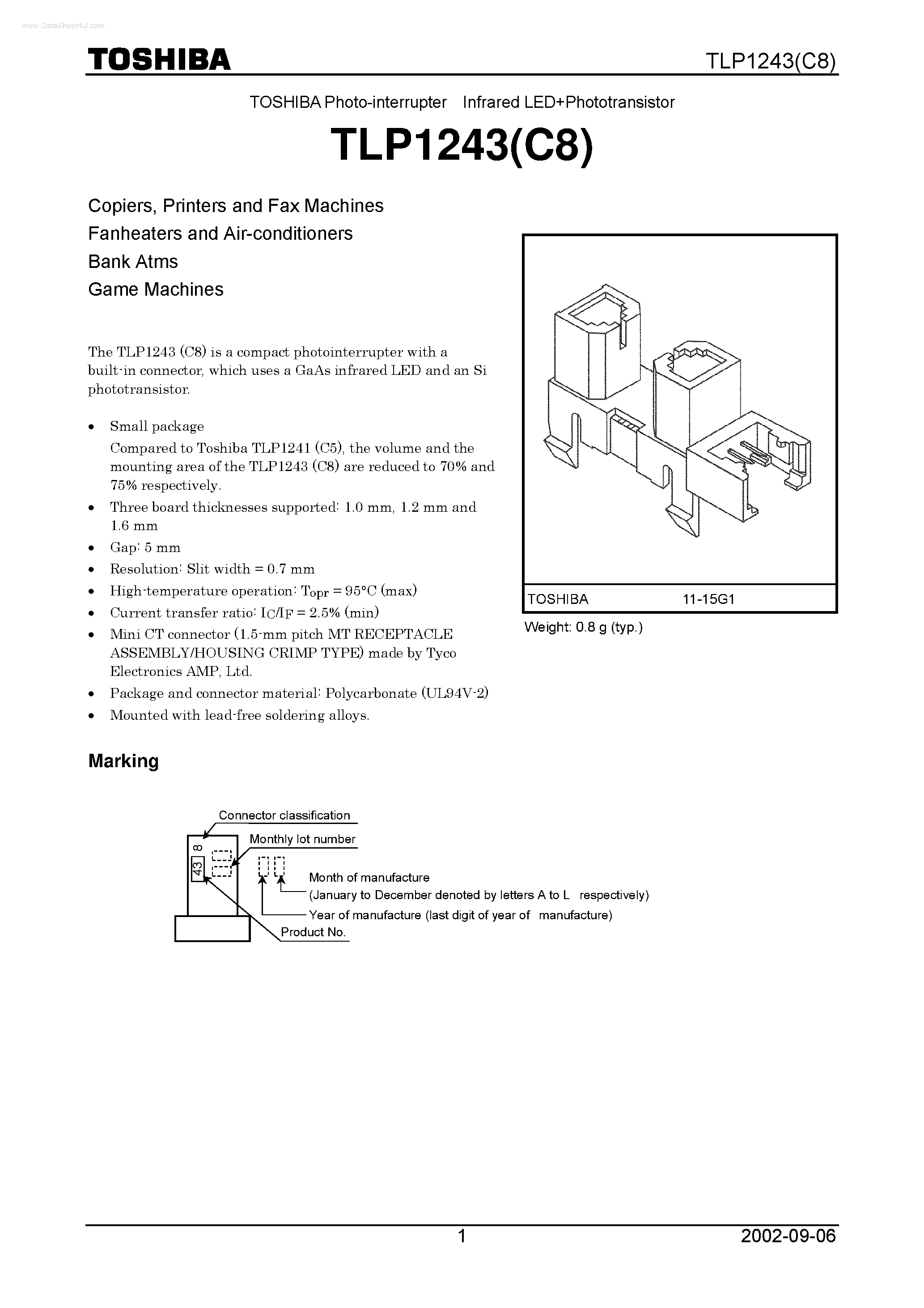Datasheet TLP1243 page 1 Datasheet TLP1243 - Photo-interrupter Infrared LED+Phototransistor page 1