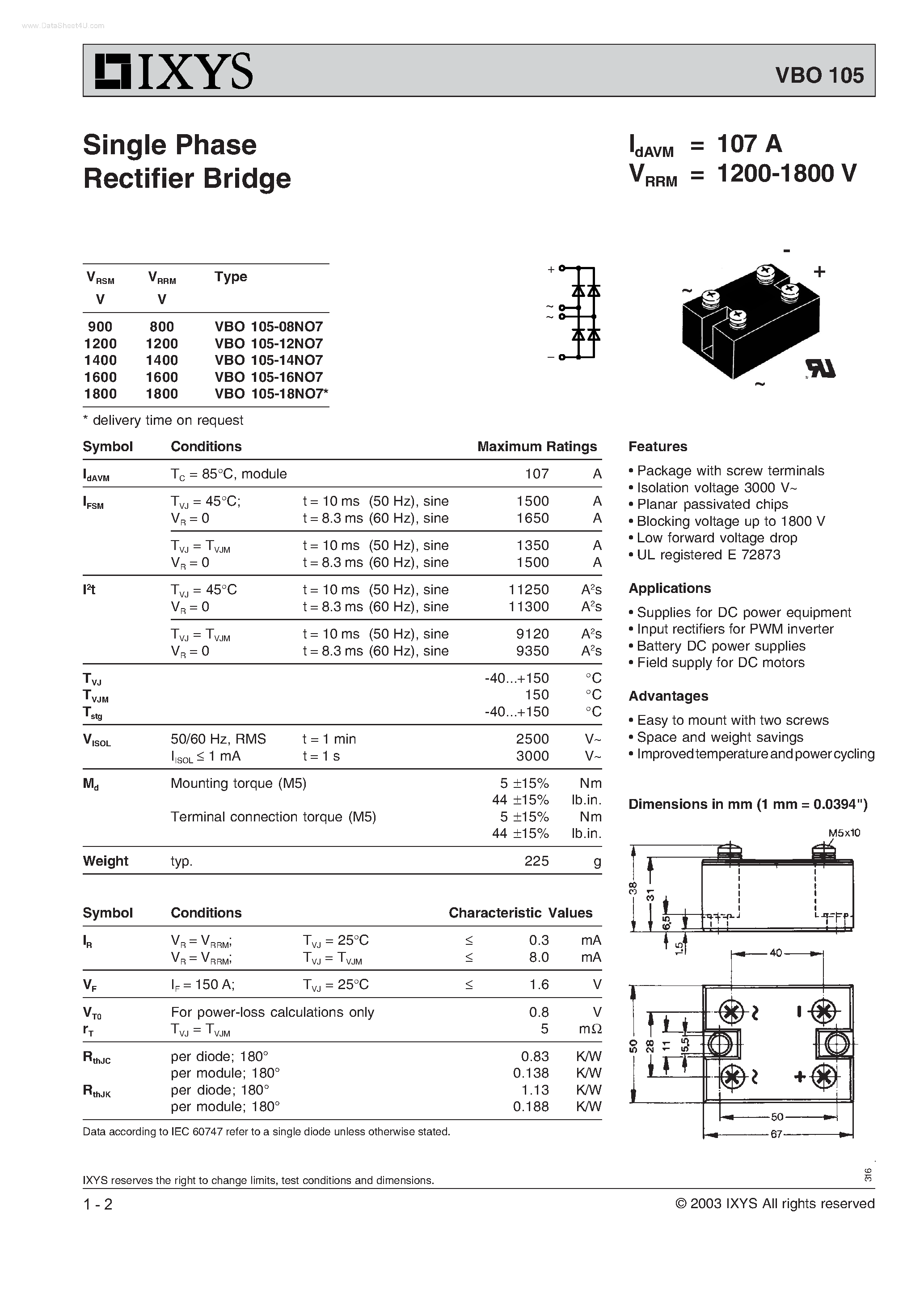 Datasheet VBO105 page 1 Datasheet VBO105 - Single Phase Rectifier Bridge page 1