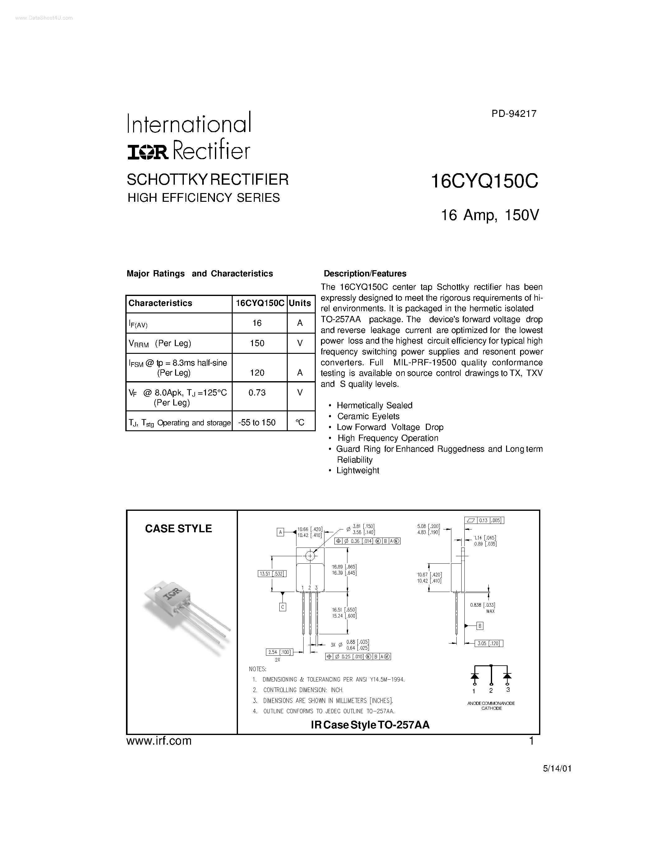 Datasheet 16CYQ150C page 1 Datasheet 16CYQ150C - SCHOTTKY RECTIFIER HIGH EFFICIENCY SERIES page 1