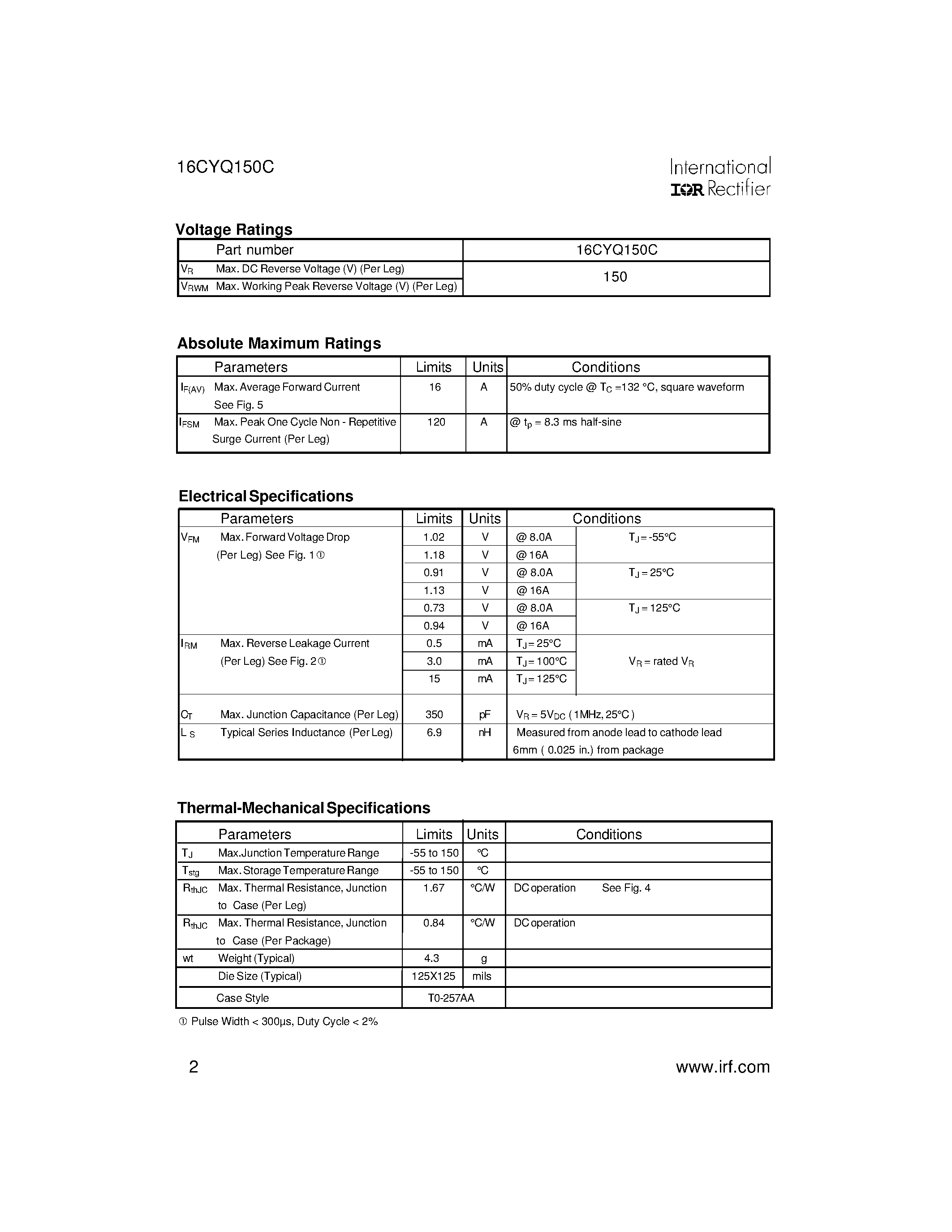 Datasheet 16CYQ150C page 2 Datasheet 16CYQ150C - SCHOTTKY RECTIFIER HIGH EFFICIENCY SERIES page 2