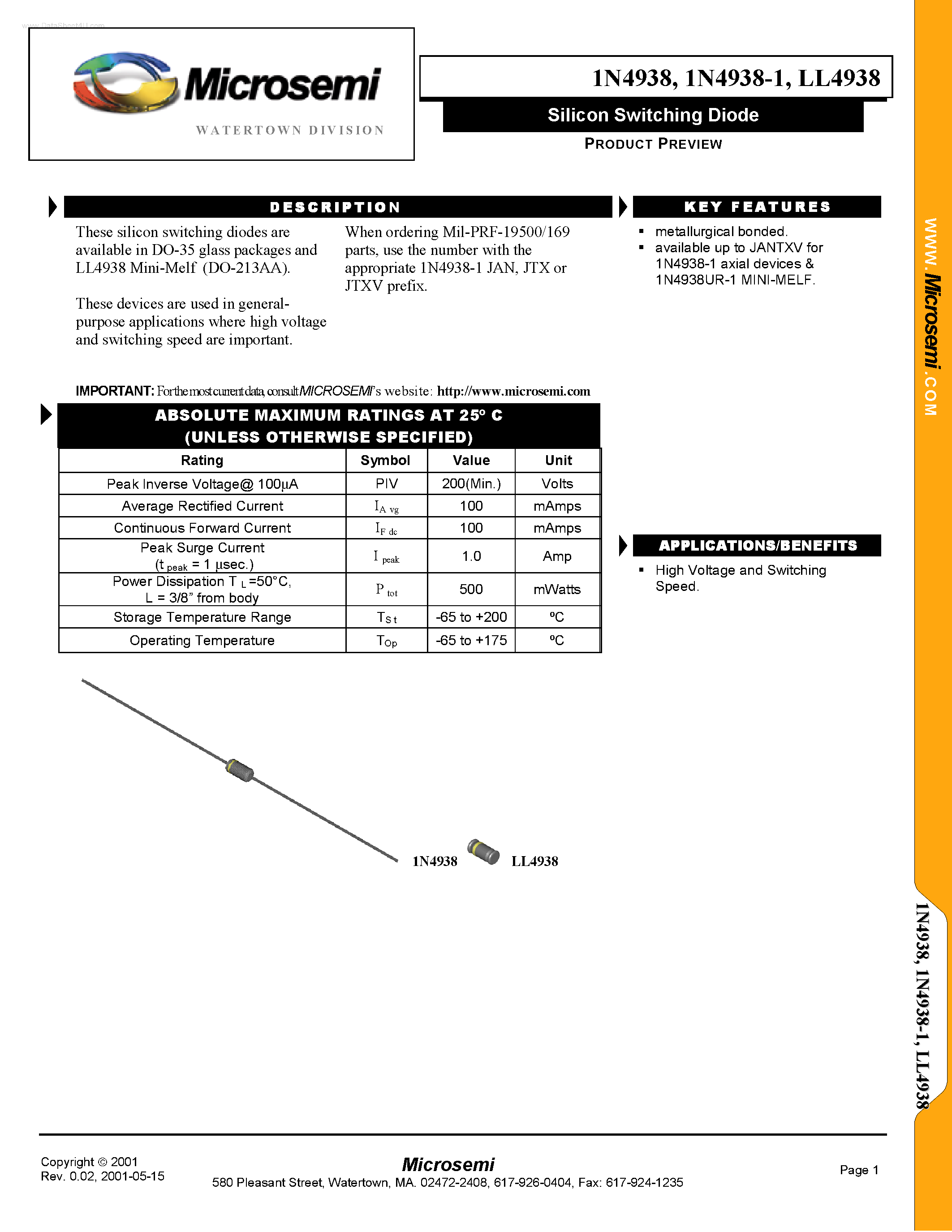 Datasheet 1N4938-1 - Silicon Switching Diode page 1