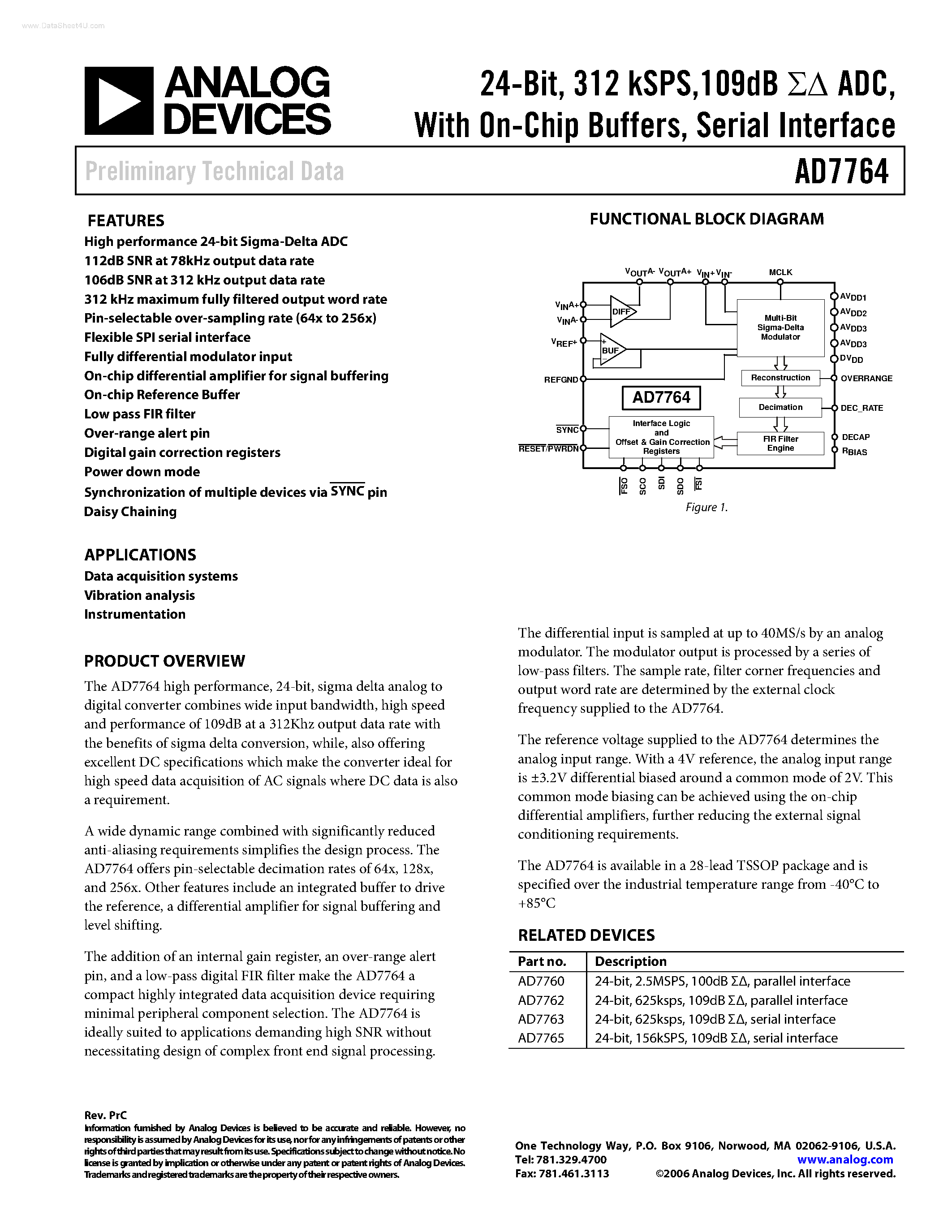 Datasheet AD7764 page 1 Datasheet AD7764 - ADC page 1
