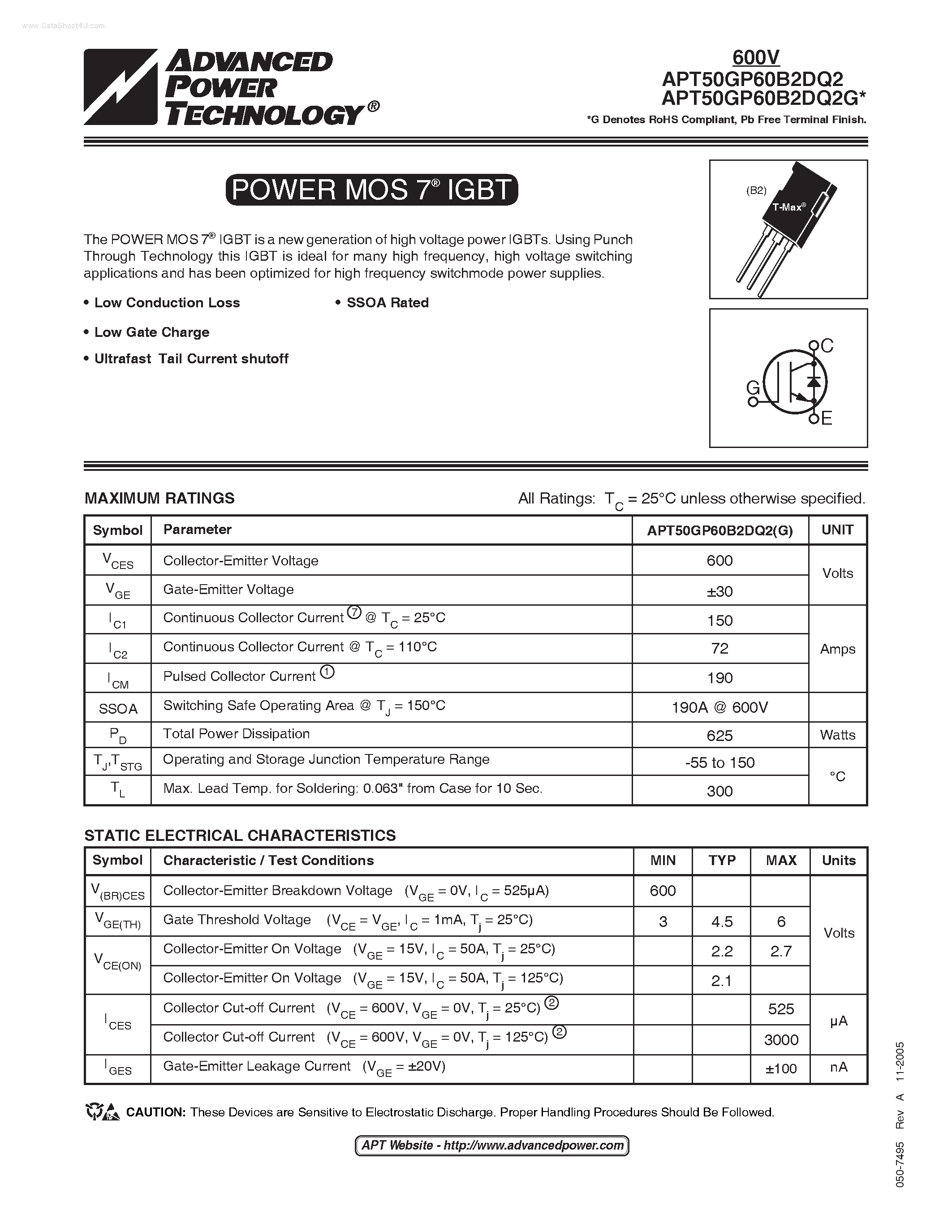 Datasheet APT50GP60B2DQ2 - POWER MOS 7 IGBT page 1