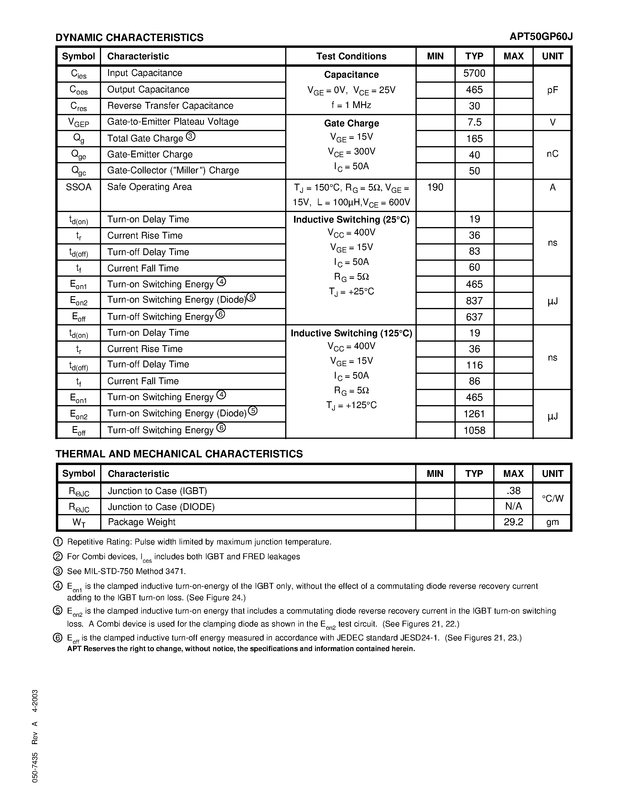 Datasheet APT50GP60J - POWER MOS 7 IGBT page 2