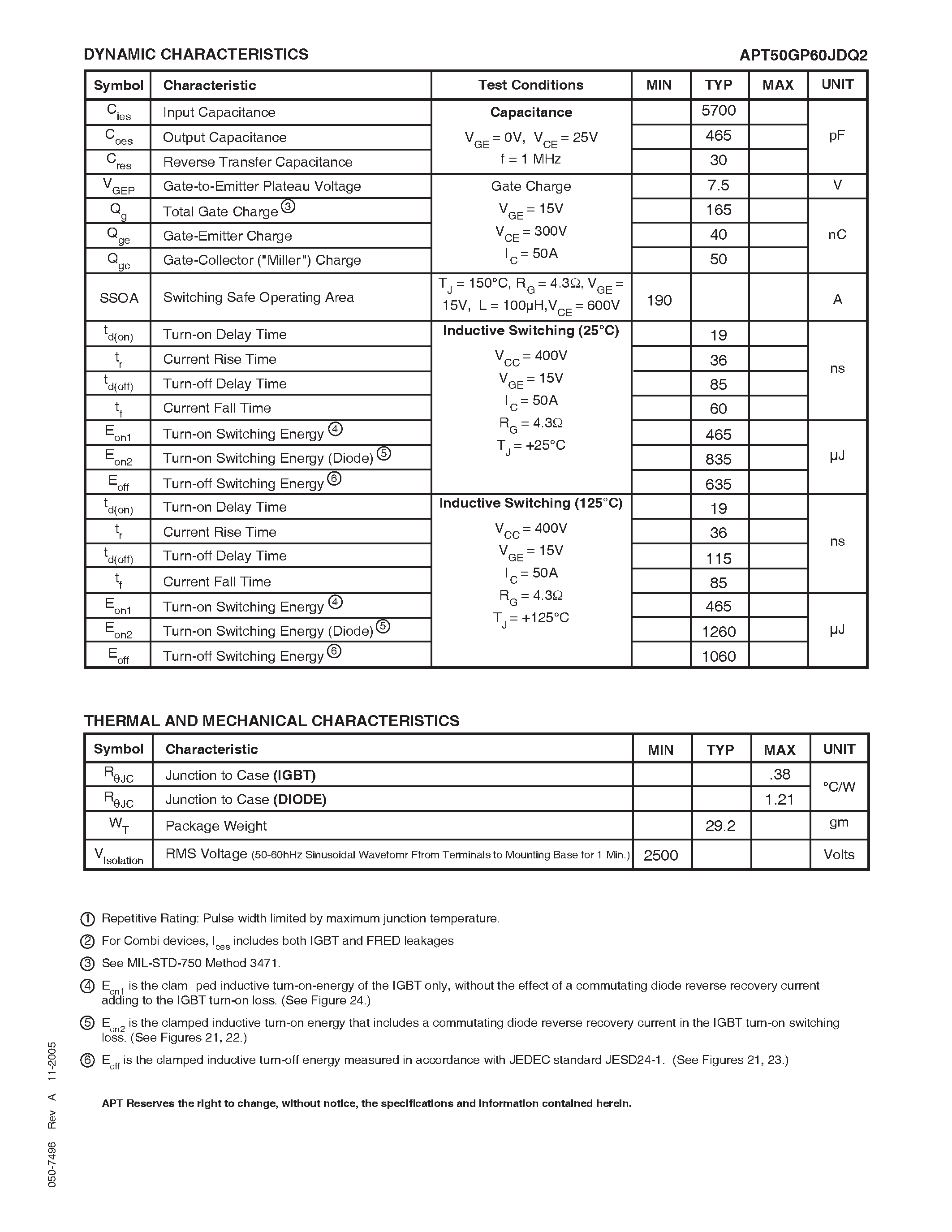 Datasheet APT50GP60JDQ2 - POWER MOS 7 IGBT page 2