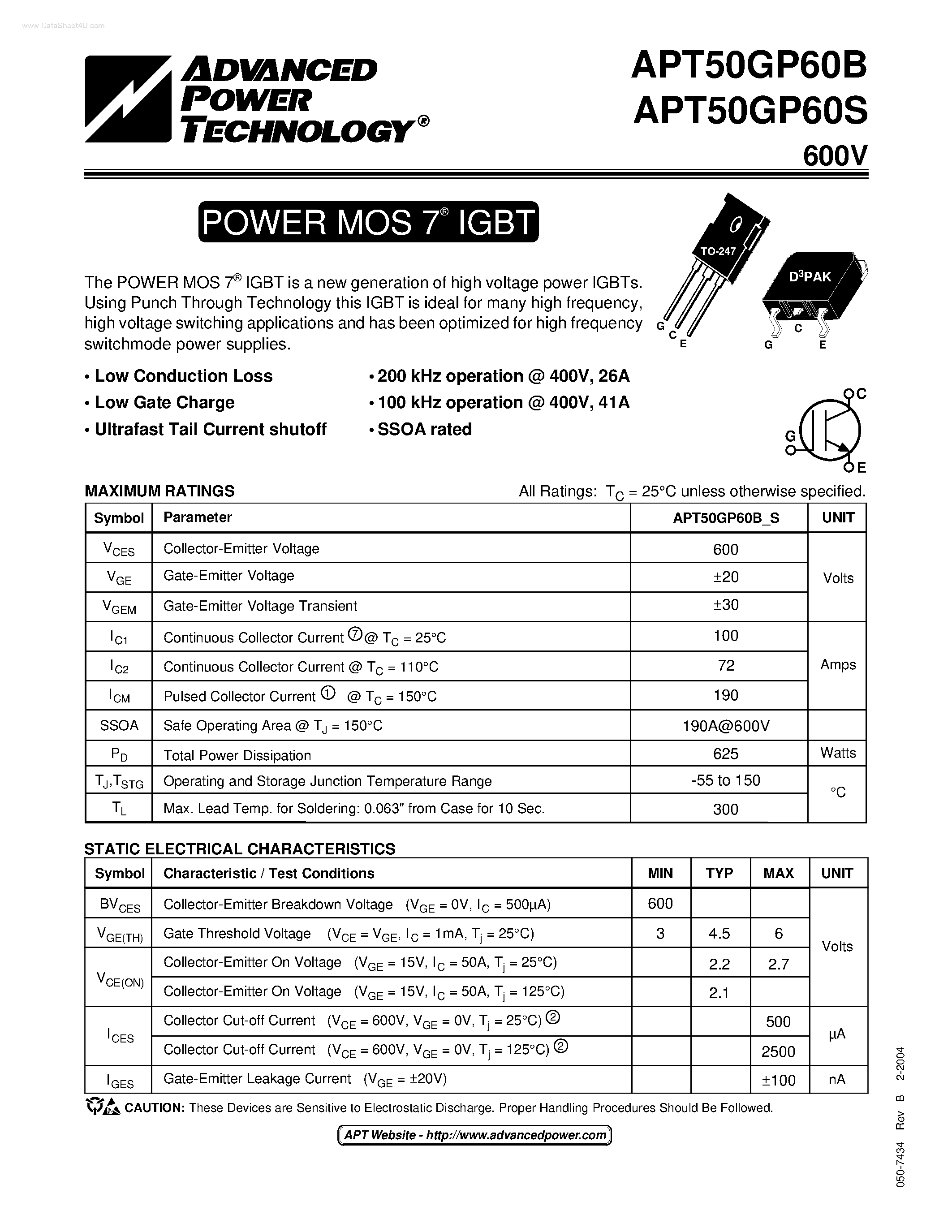 Datasheet APT50GP60S - POWER MOS 7 IGBT page 1