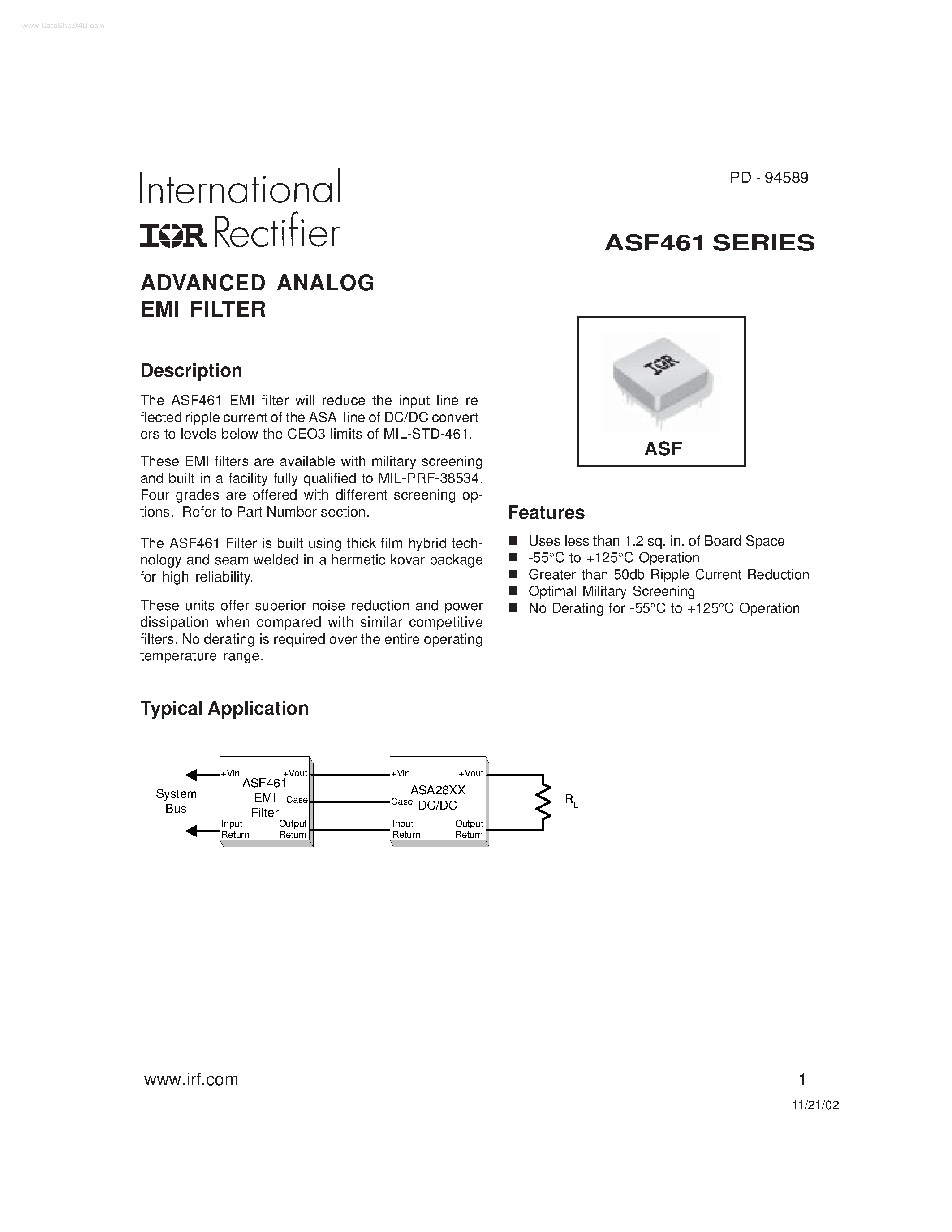 Datasheet ASF461 page 1 Datasheet ASF461 - ADVANCED ANALOG EMI FILTER page 1