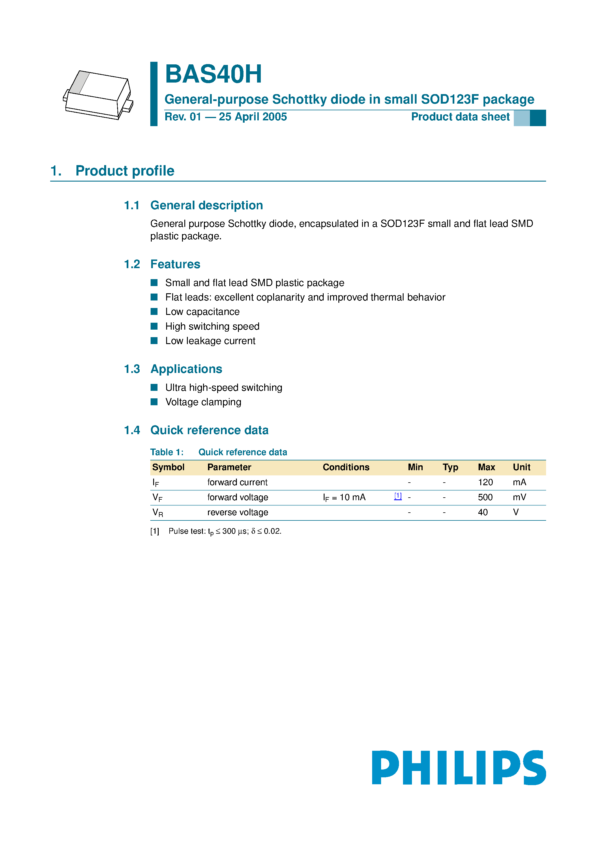 Datasheet BAS40H - General-purpose Schottky diode page 1