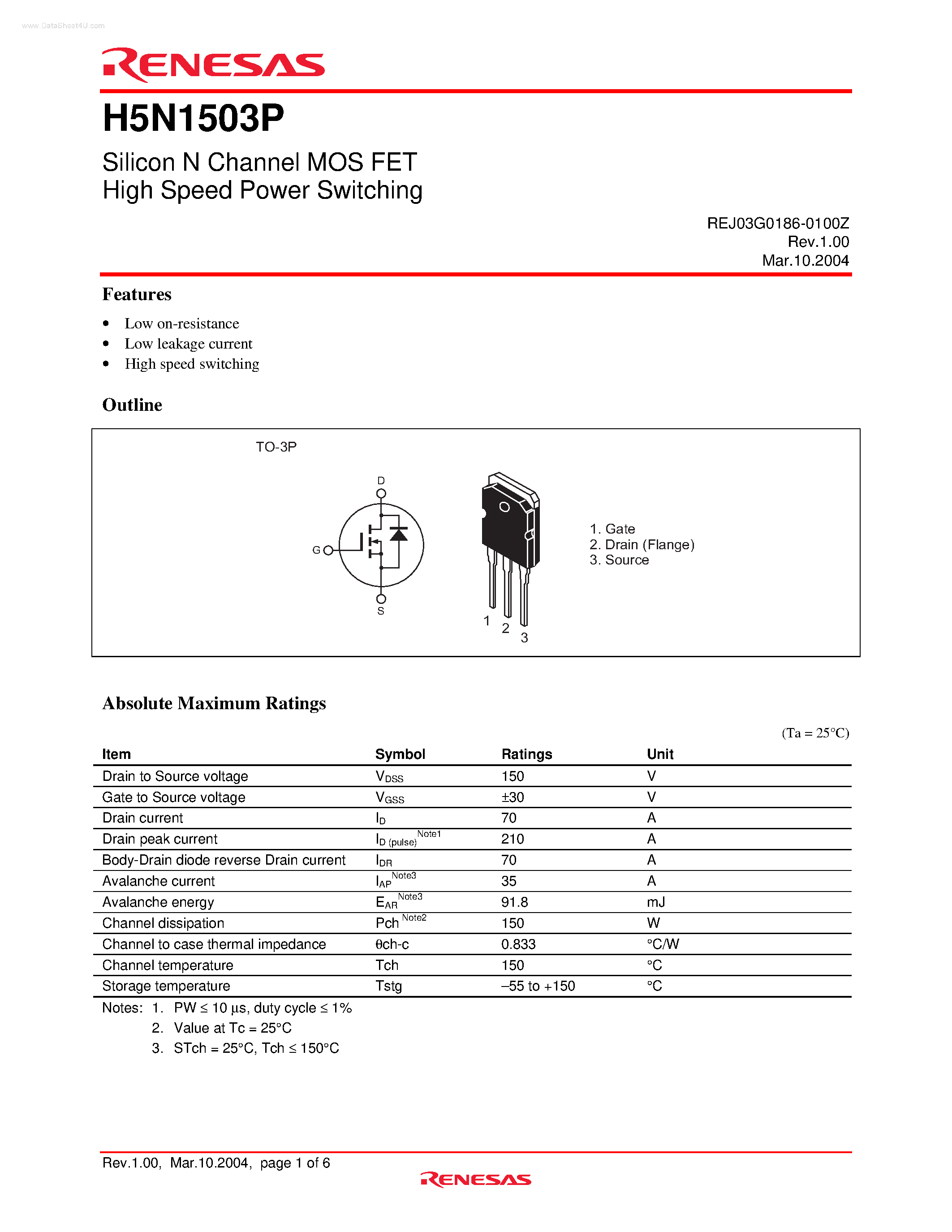 Datasheet H5N1503P - Silicon N Channel MOS FET High Speed Power Switching page 1
