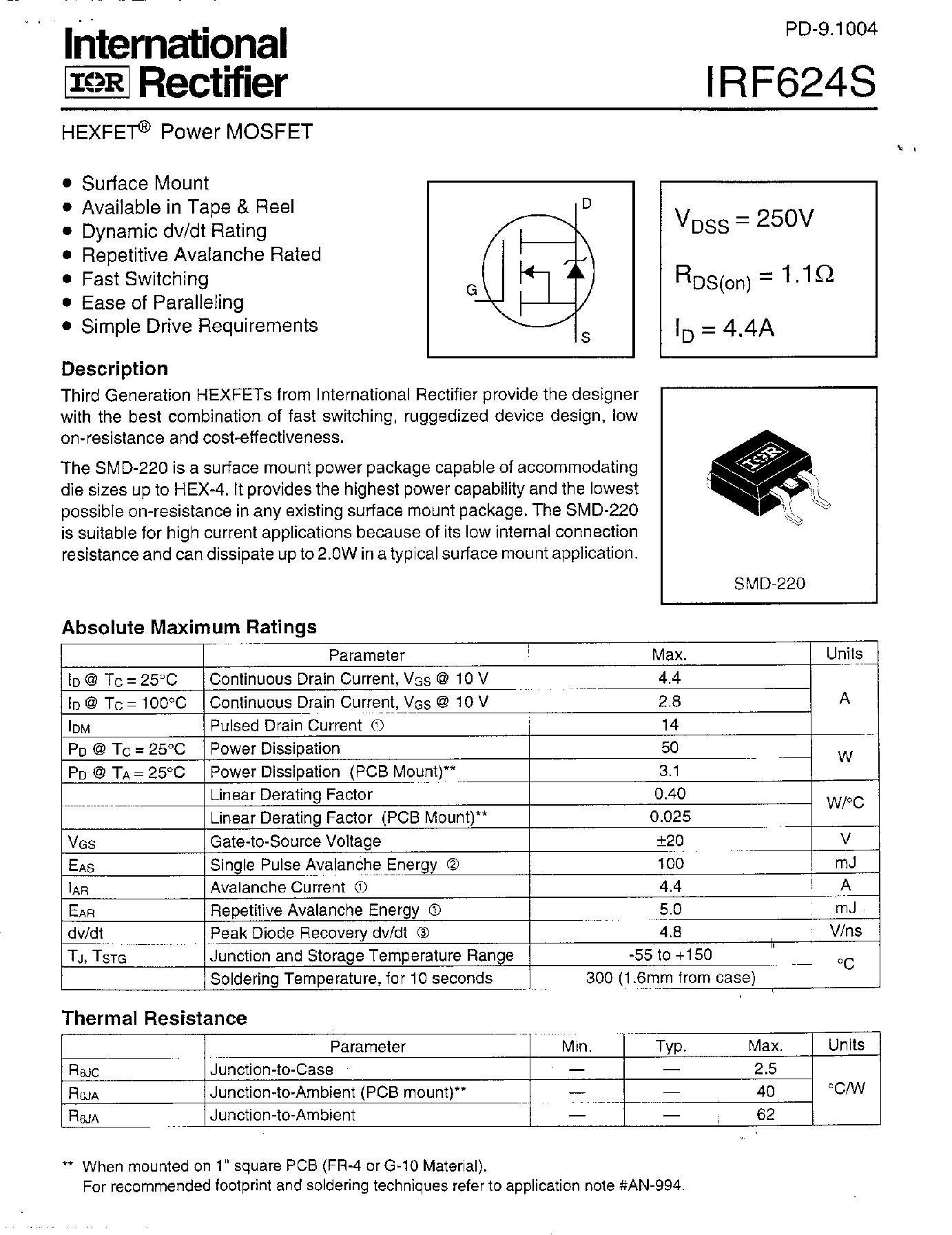 Datasheet IRF624S - HEXFET Power MOSFET page 1