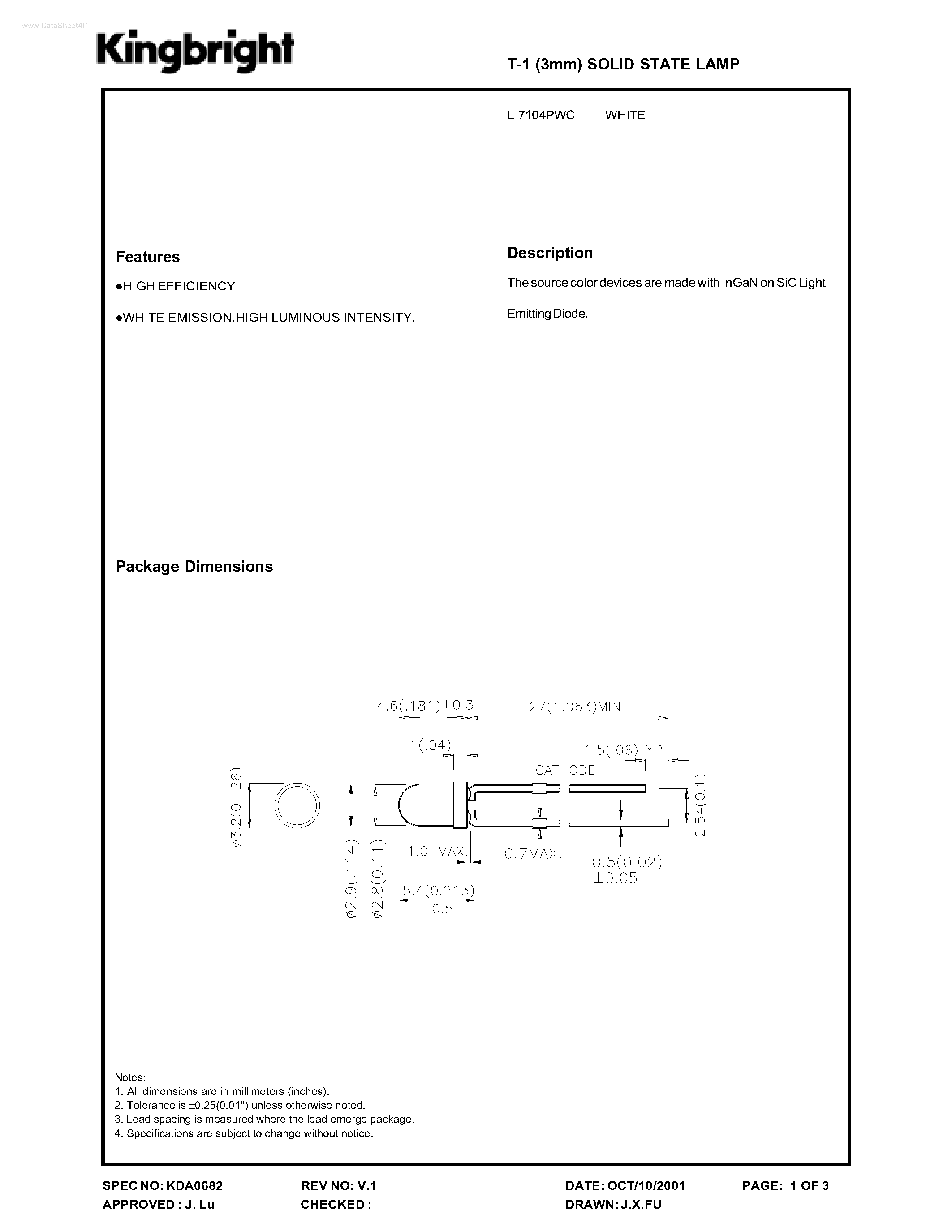 Datasheet L-7104PWC - SOLID STATE LAMP page 1