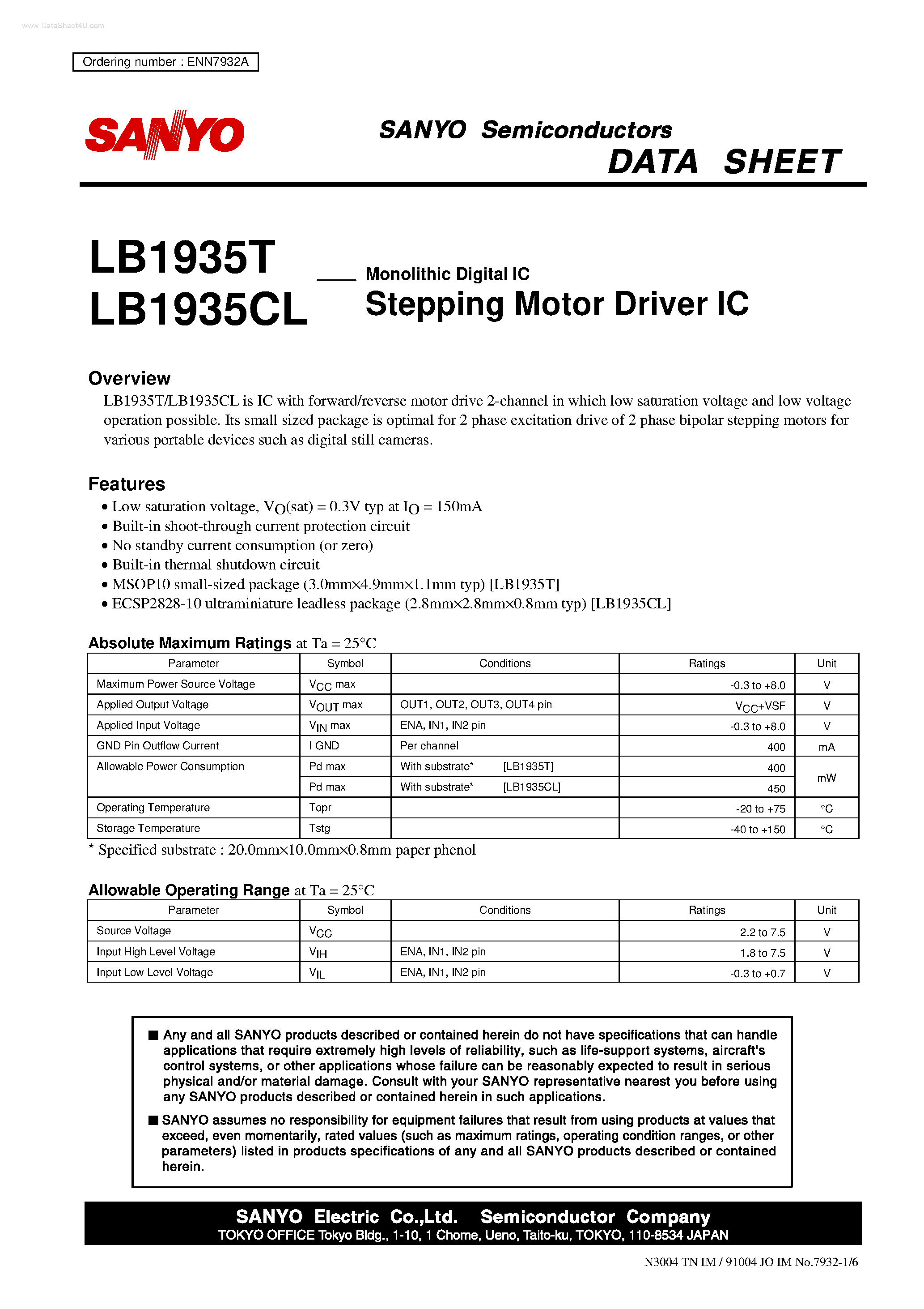 Даташит LB1935CL - Monolithic Digital IC Stepping Motor Driver IC страница 1