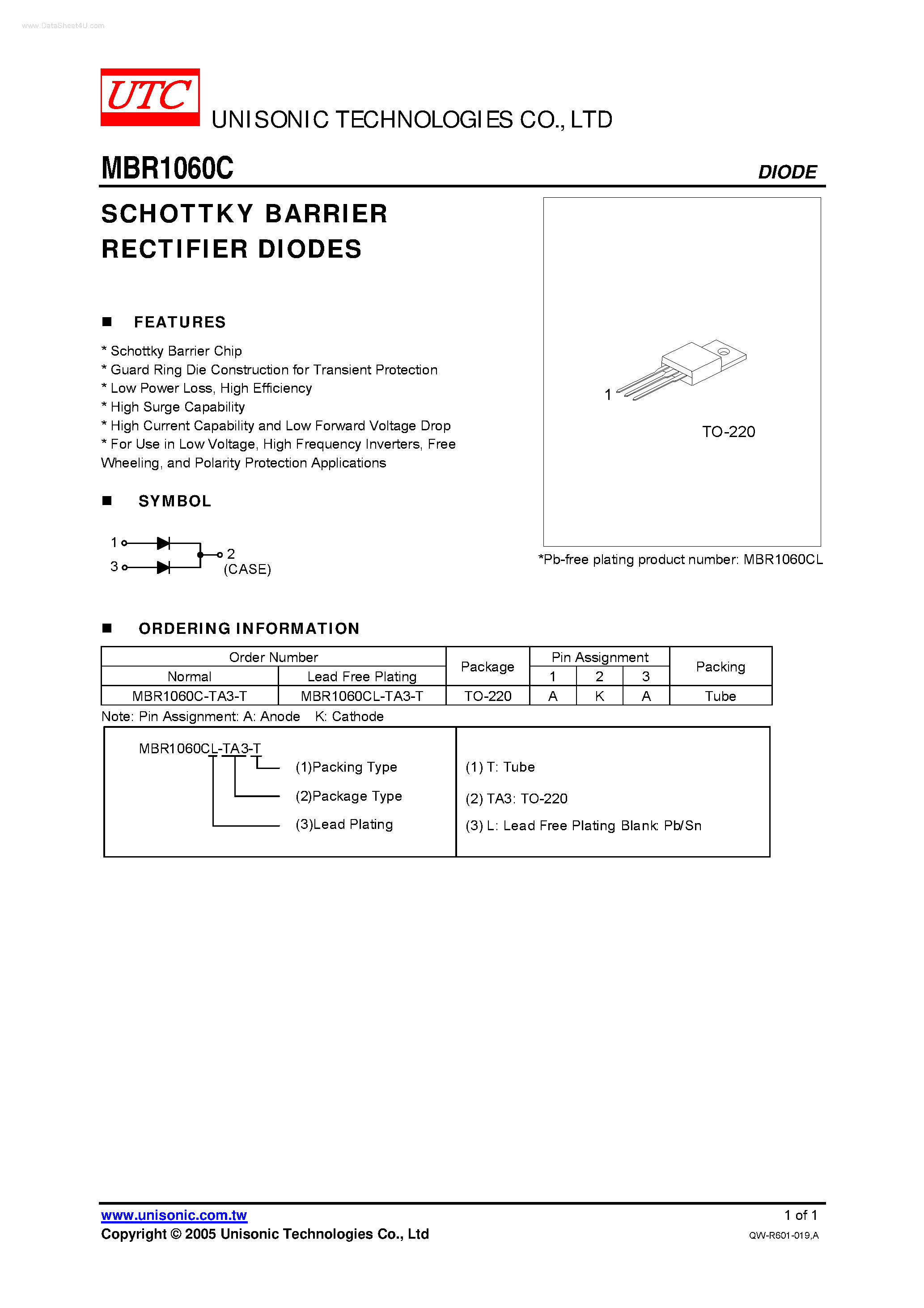 Даташит на микросхему MBR1060C страница 1 Даташит MBR1060C - SCHOTTKY BARRIER RECTIFIER DIODES страница 1