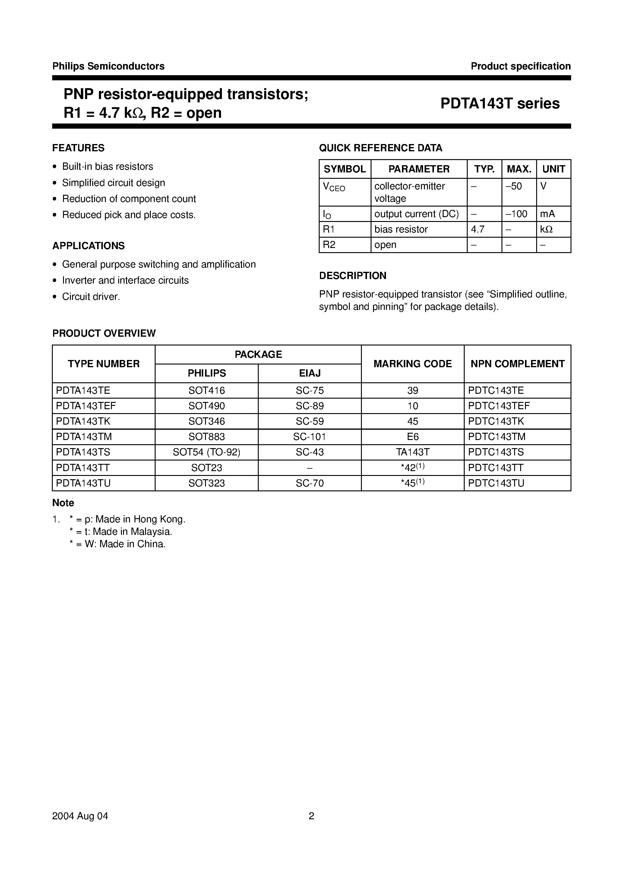 Datasheet PDTA143T - PNP resistor-equipped transistors page 2
