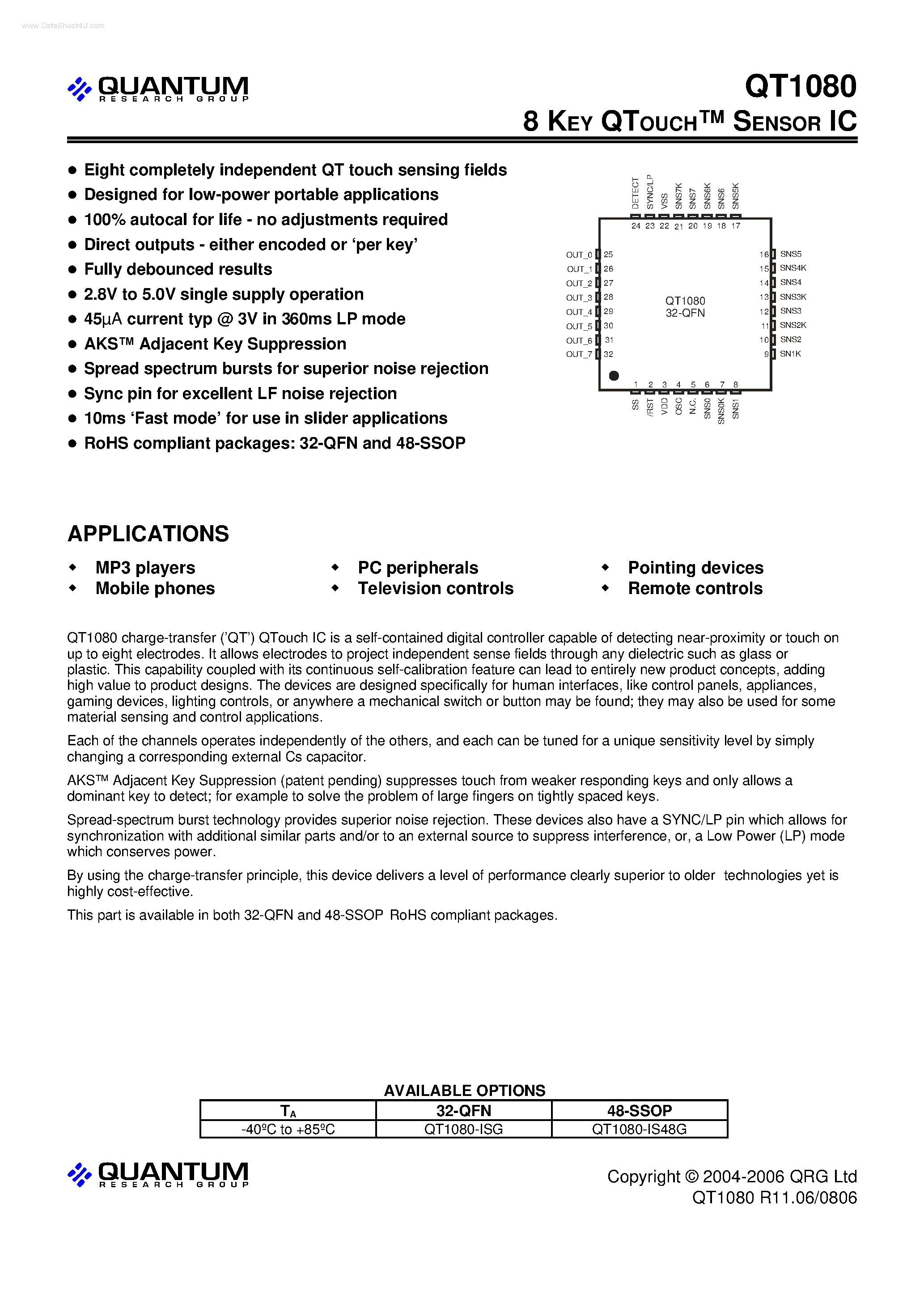 Даташит на микросхему QT1080 страница 1 Даташит QT1080 - 8 KEY QTOUCH SENSOR IC страница 1