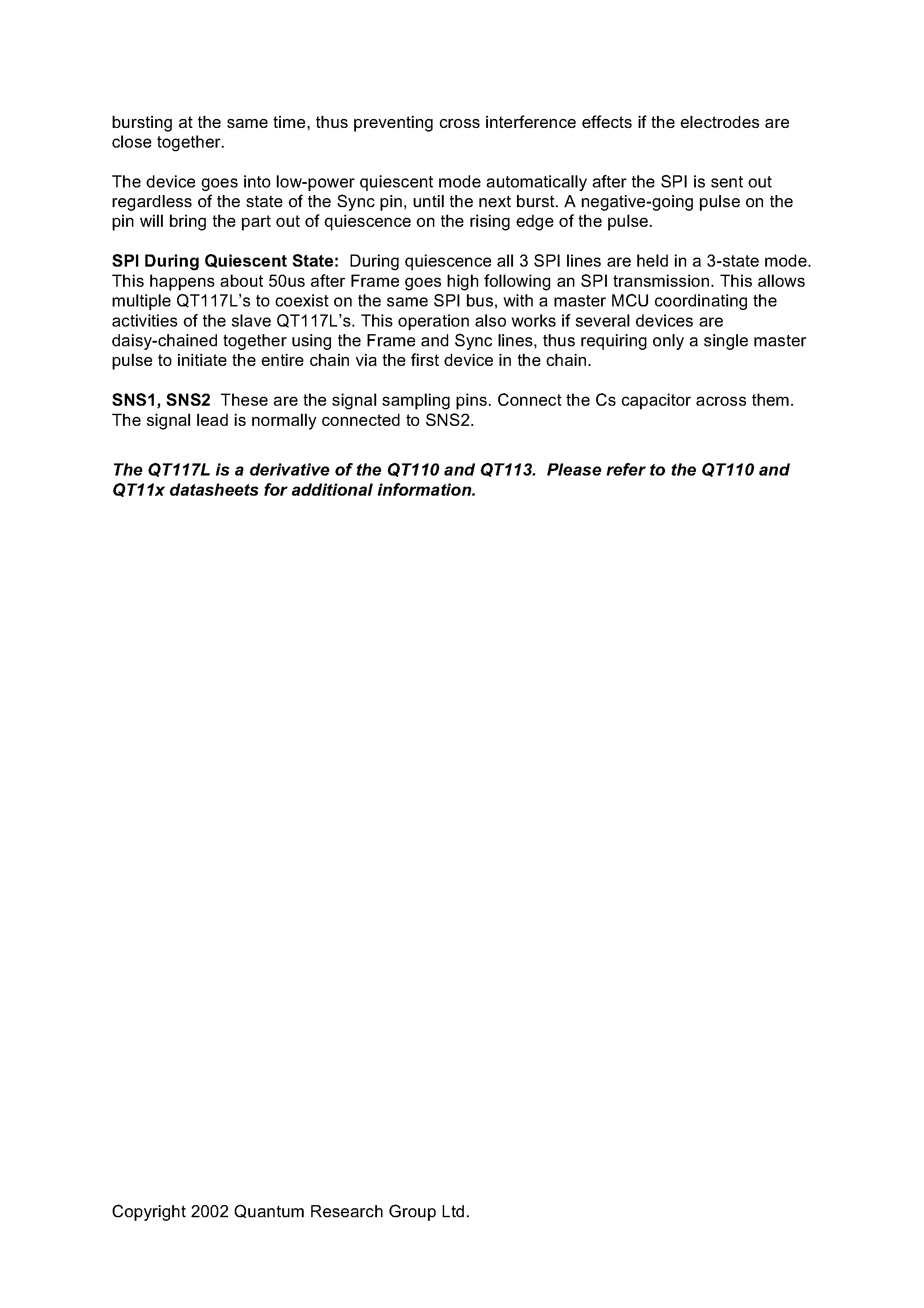Datasheet QT117L - Designed to Output raw Data over a Master-mode SPI Port page 2