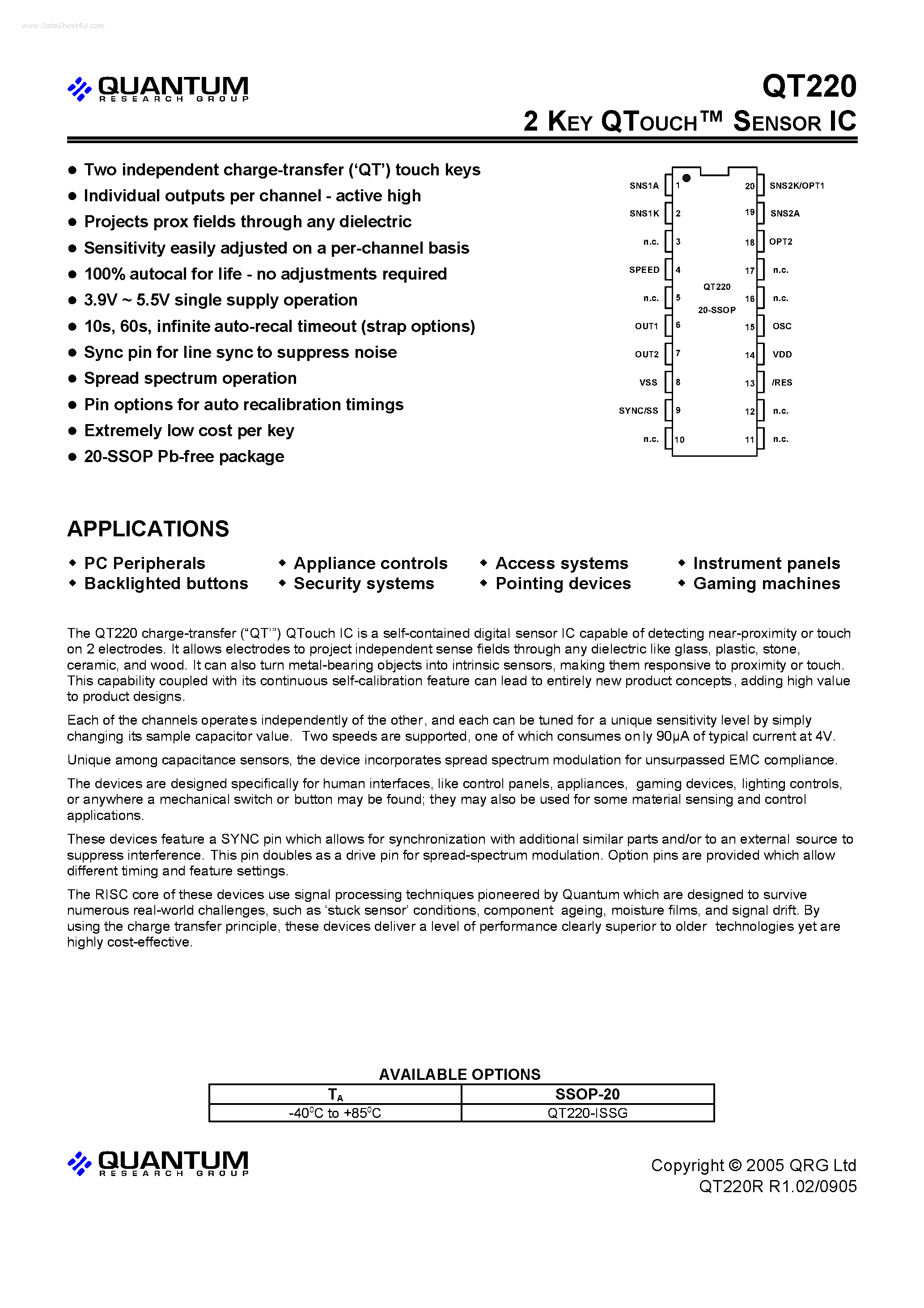 Datasheet QT220 - 2 KEY QTOUCH SENSOR IC page 1