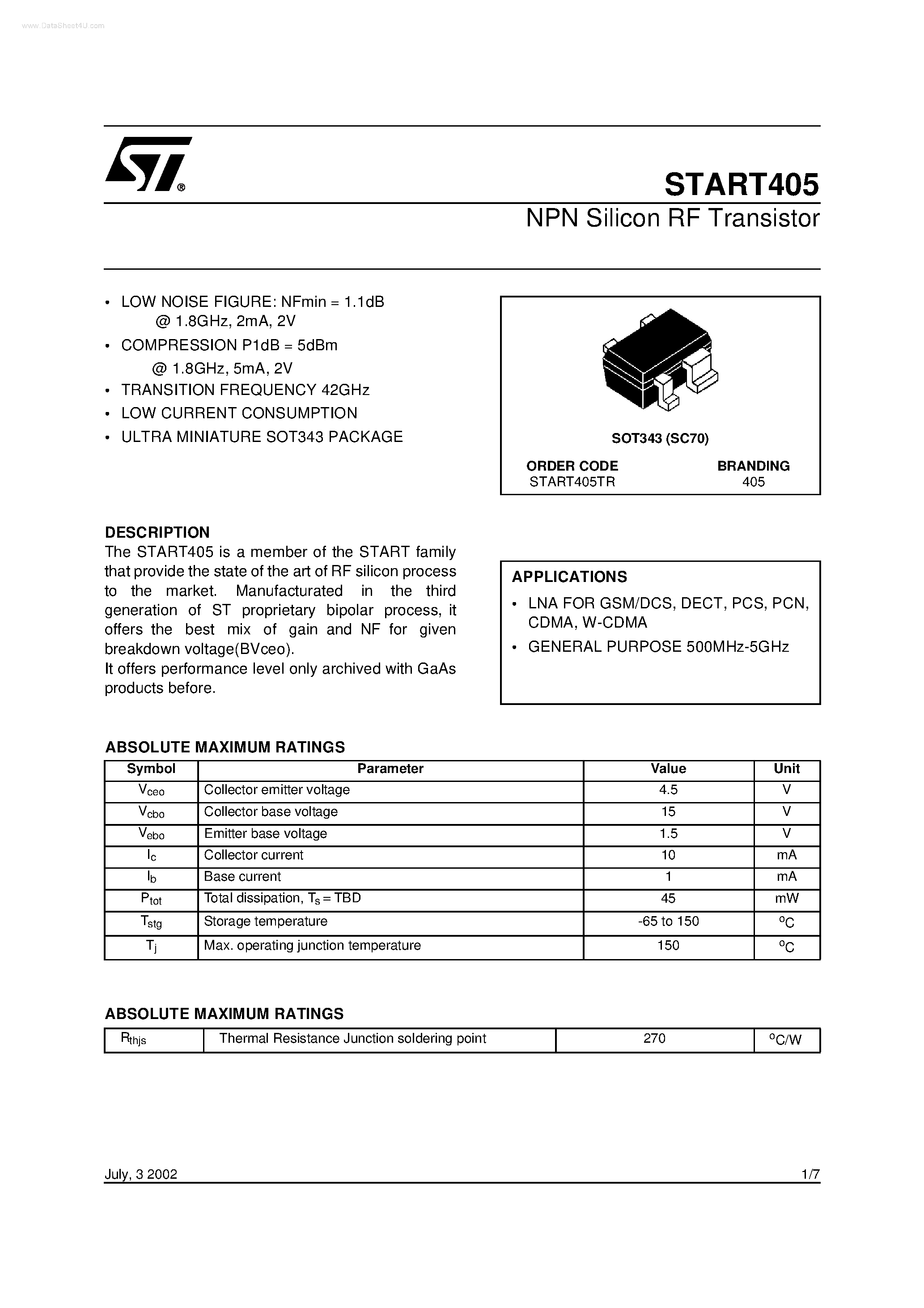 Datasheet START405 page 1 Datasheet START405 - NPN Silicon RF Transistor page 1
